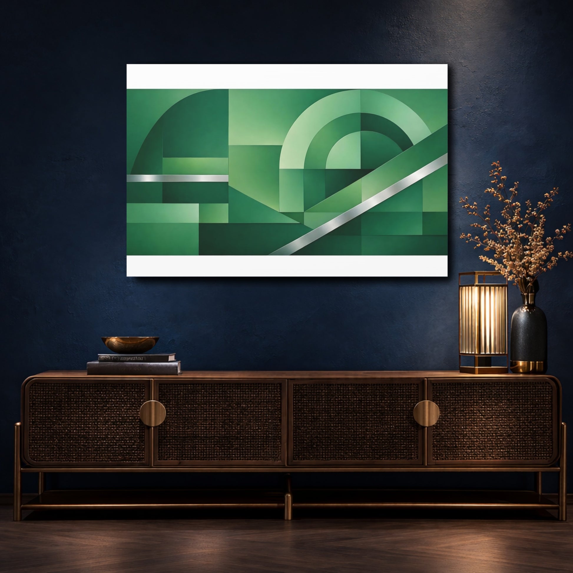 Mockup 4. Abstract Geometric Forms Green And Silver shown as stretched canvas wall art