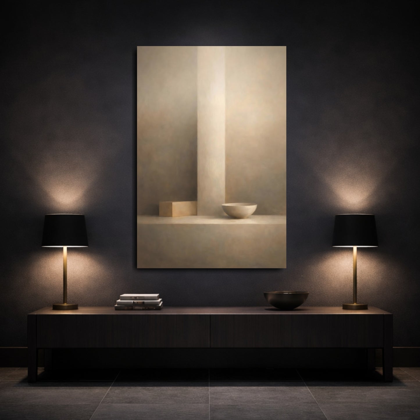 Mockup 2. Abstract Geometric Forms Minimalist Beige Art shown as stretched canvas wall art