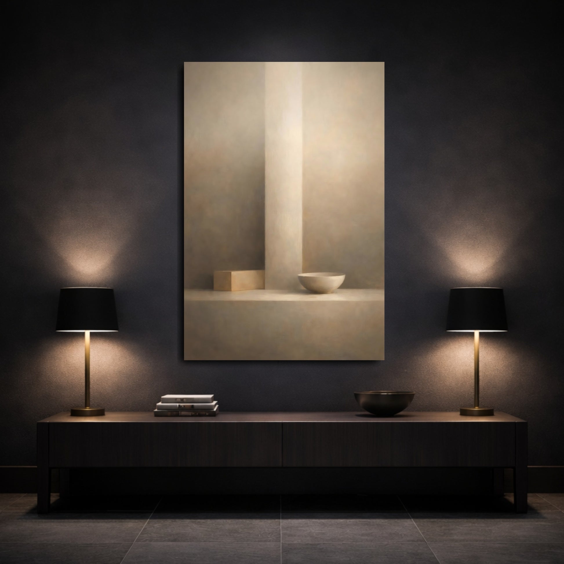 Mockup 2. Abstract Geometric Forms Minimalist Beige Art shown as stretched canvas wall art