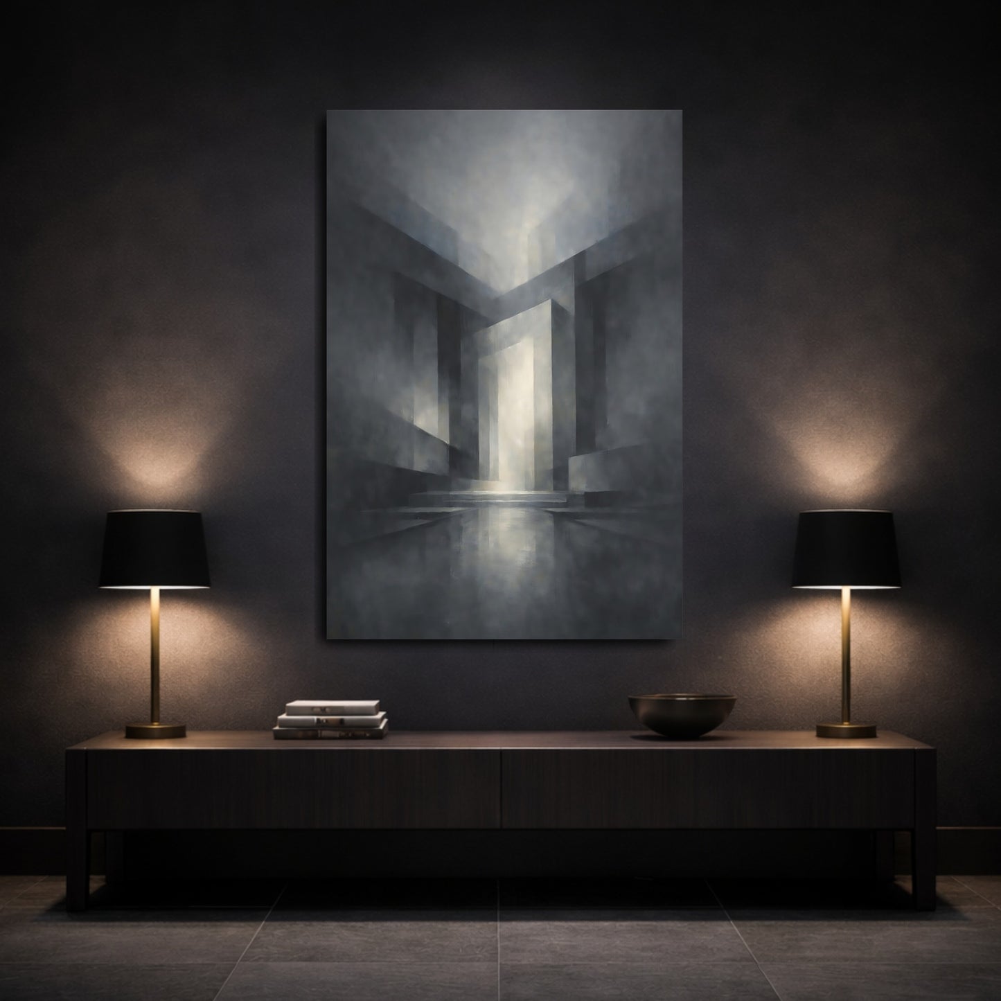 Mockup 2. Abstract Geometric Forms Monochrome Geometric shown as stretched canvas wall art