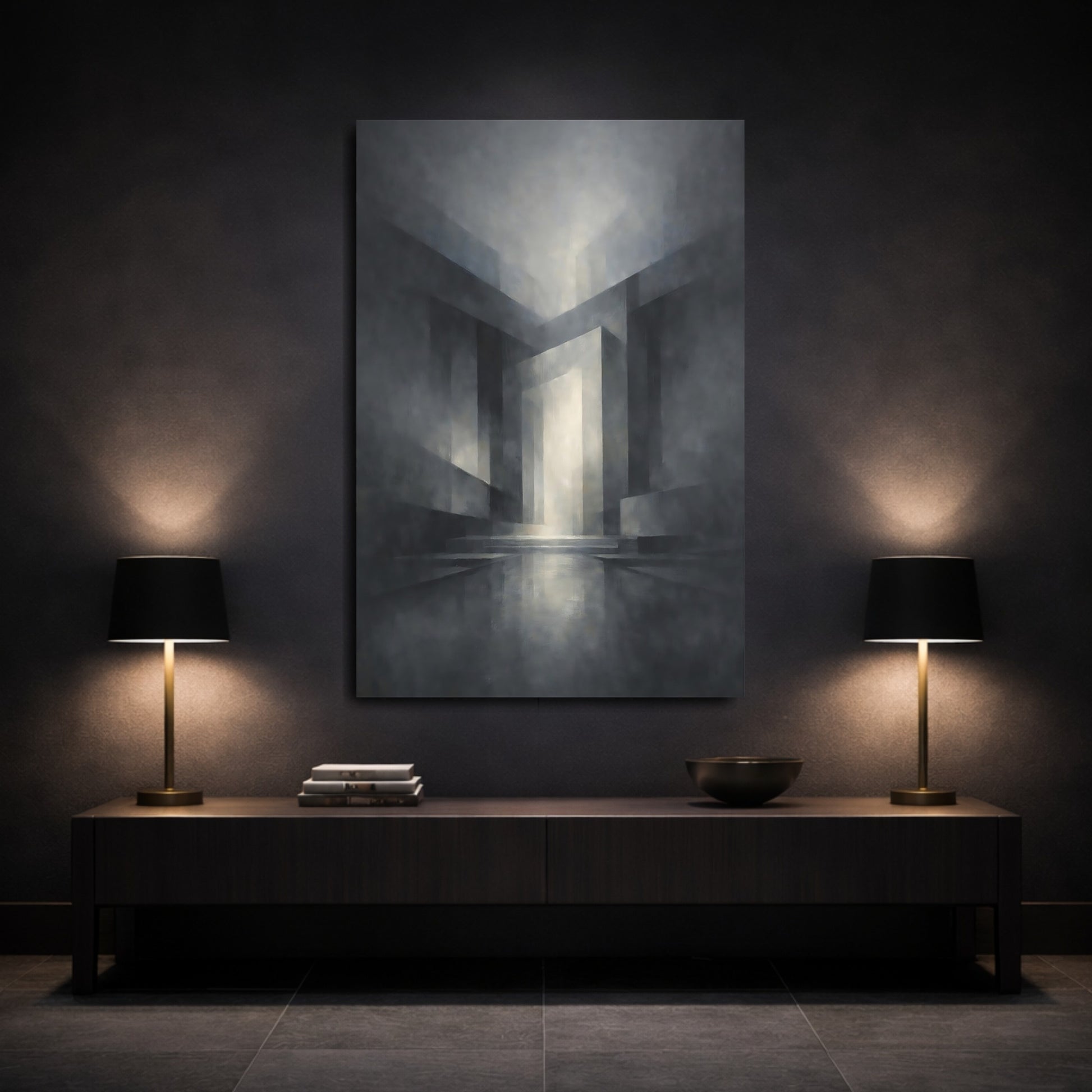 Mockup 2. Abstract Geometric Forms Monochrome Geometric shown as stretched canvas wall art
