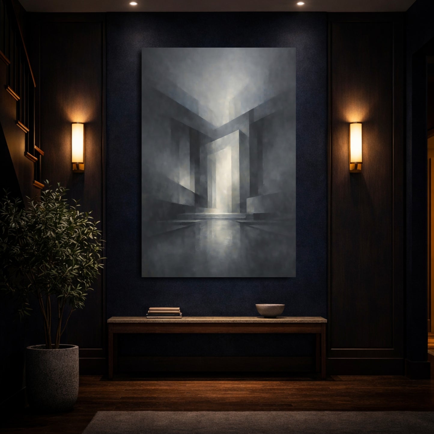 Mockup 3. Abstract Geometric Forms Monochrome Geometric shown as stretched canvas wall art