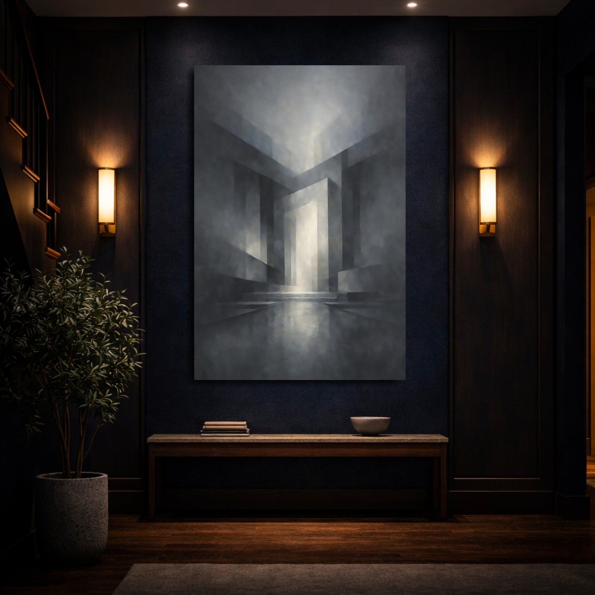 Mockup 3. Abstract Geometric Forms Monochrome Geometric shown as stretched canvas wall art