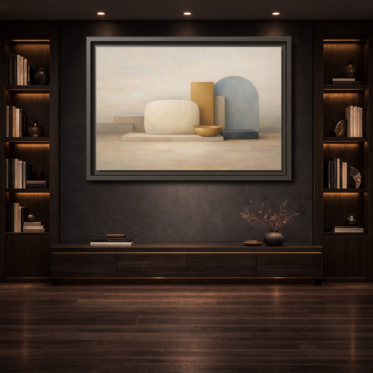 Mockup 3. Abstract Geometric Forms Muted Geometric Still Life shown as stretched canvas wall art