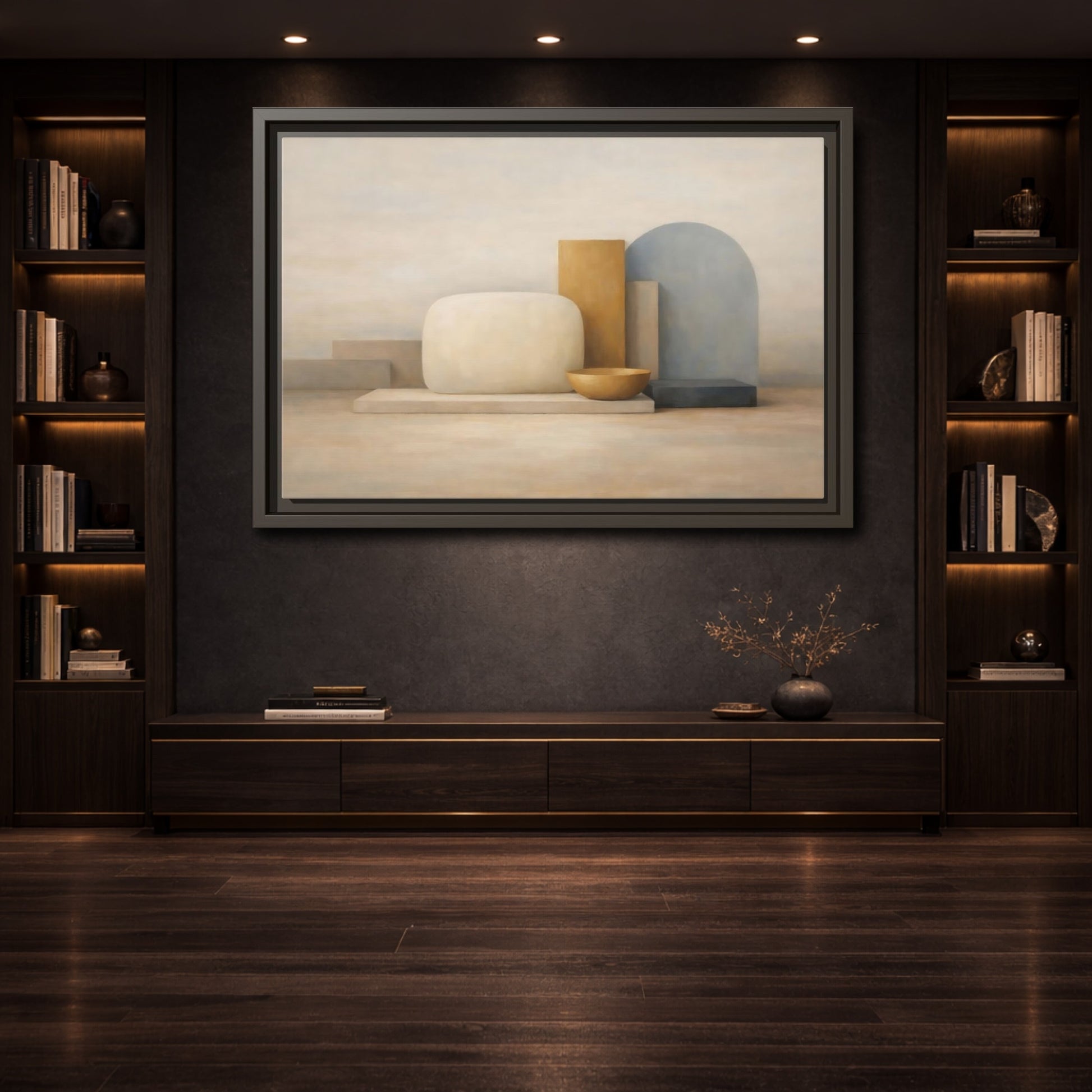 Mockup 3. Abstract Geometric Forms Muted Geometric Still Life shown as stretched canvas wall art