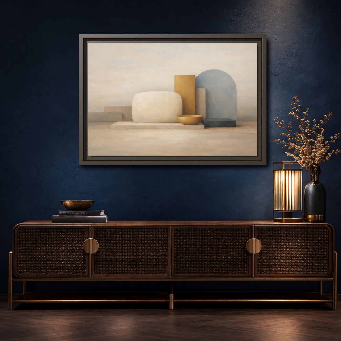 Mockup 4. Abstract Geometric Forms Muted Geometric Still Life shown as stretched canvas wall art