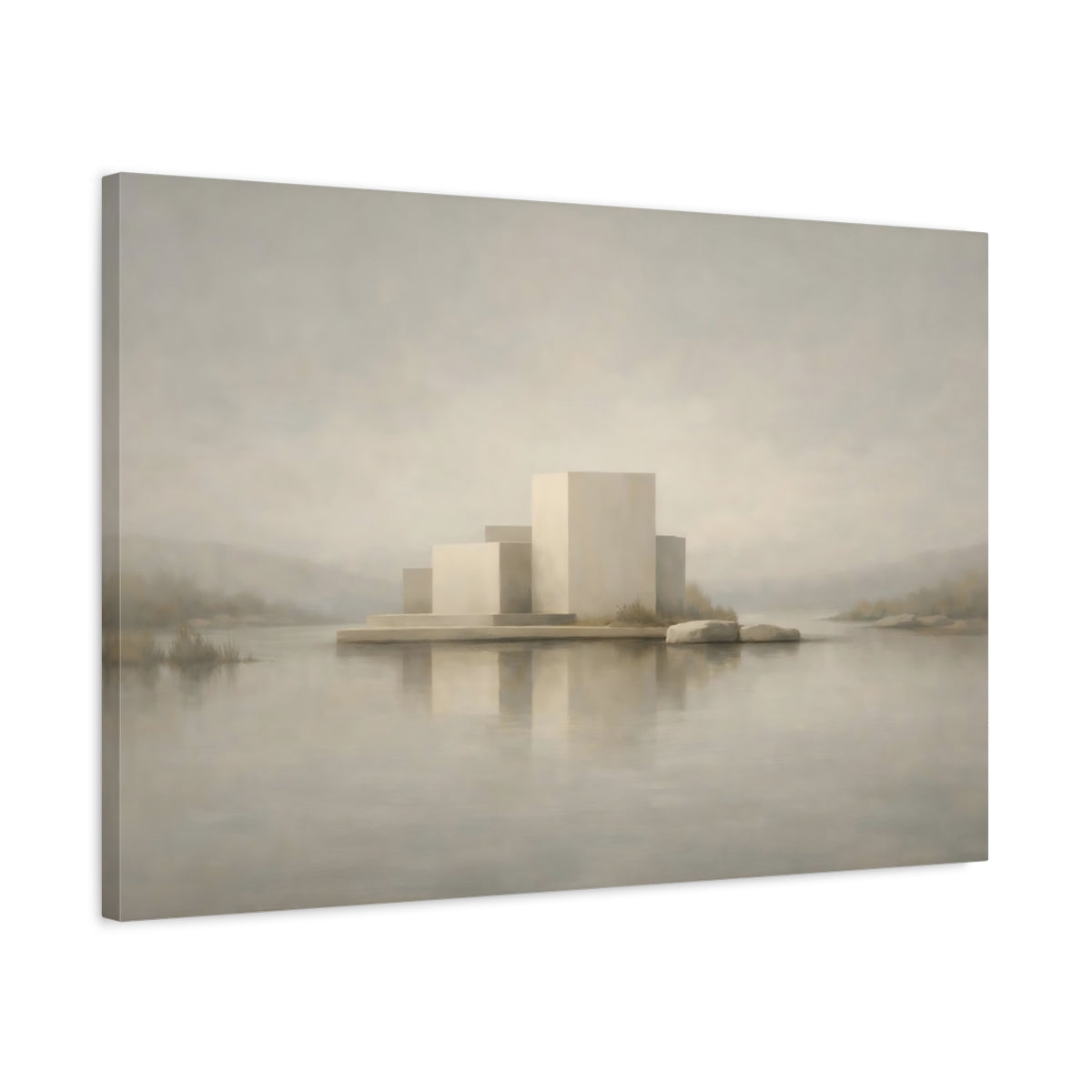 Side Mockup 2. Abstract Geometric Forms Muted Tones Landscape shown as stretched canvas wall art