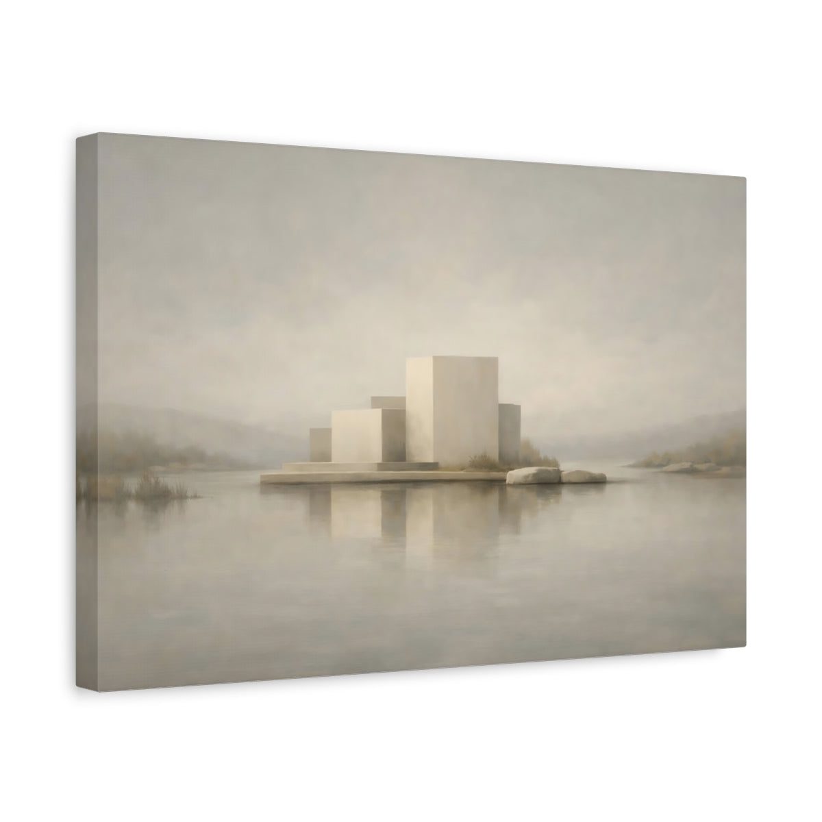 Side Mockup 4. Abstract Geometric Forms Muted Tones Landscape shown as stretched canvas wall art