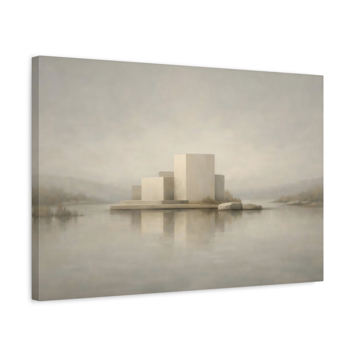 Side Mockup 3. Abstract Geometric Forms Muted Tones Landscape shown as stretched canvas wall art