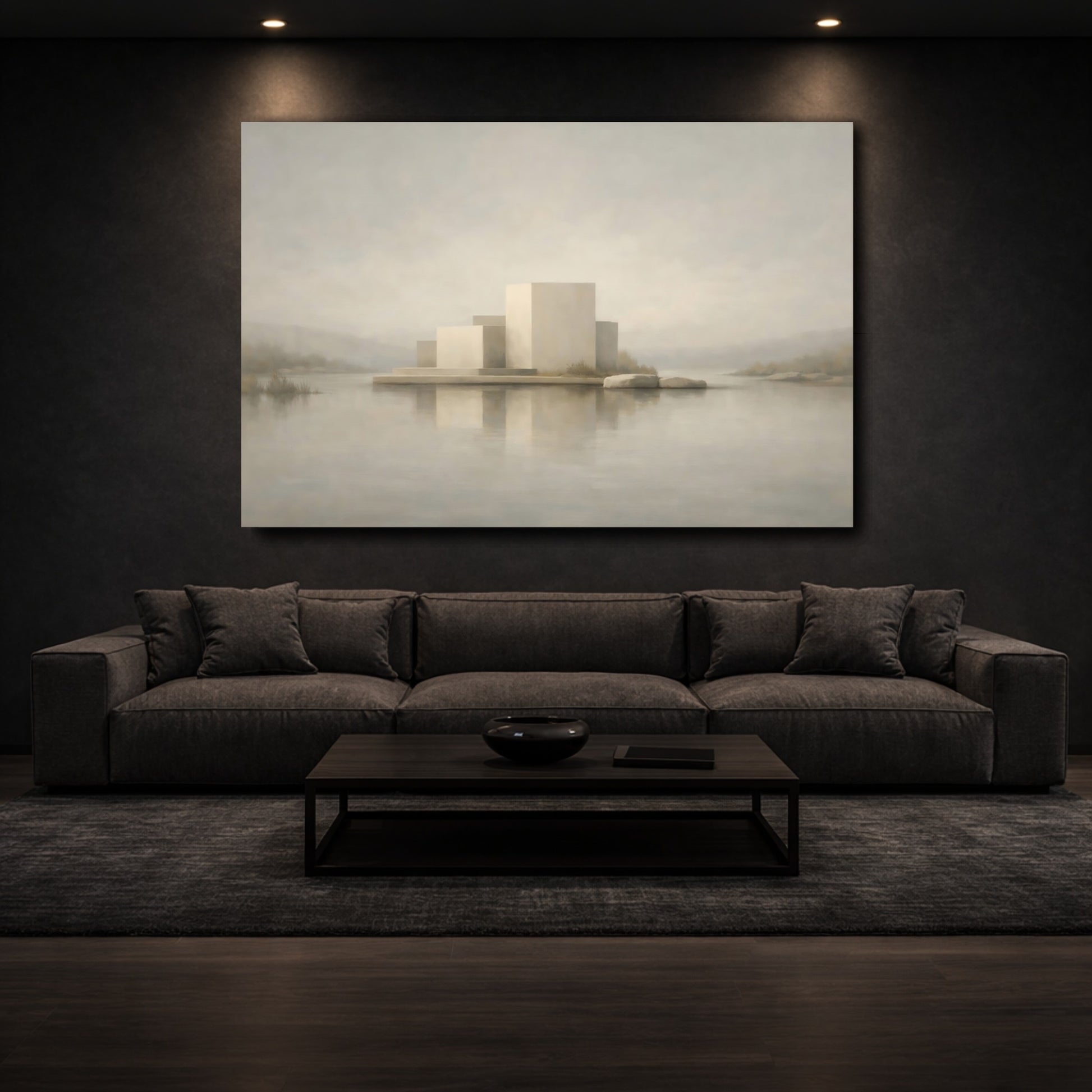 Mockup 2. Abstract Geometric Forms Muted Tones Landscape shown as stretched canvas wall art