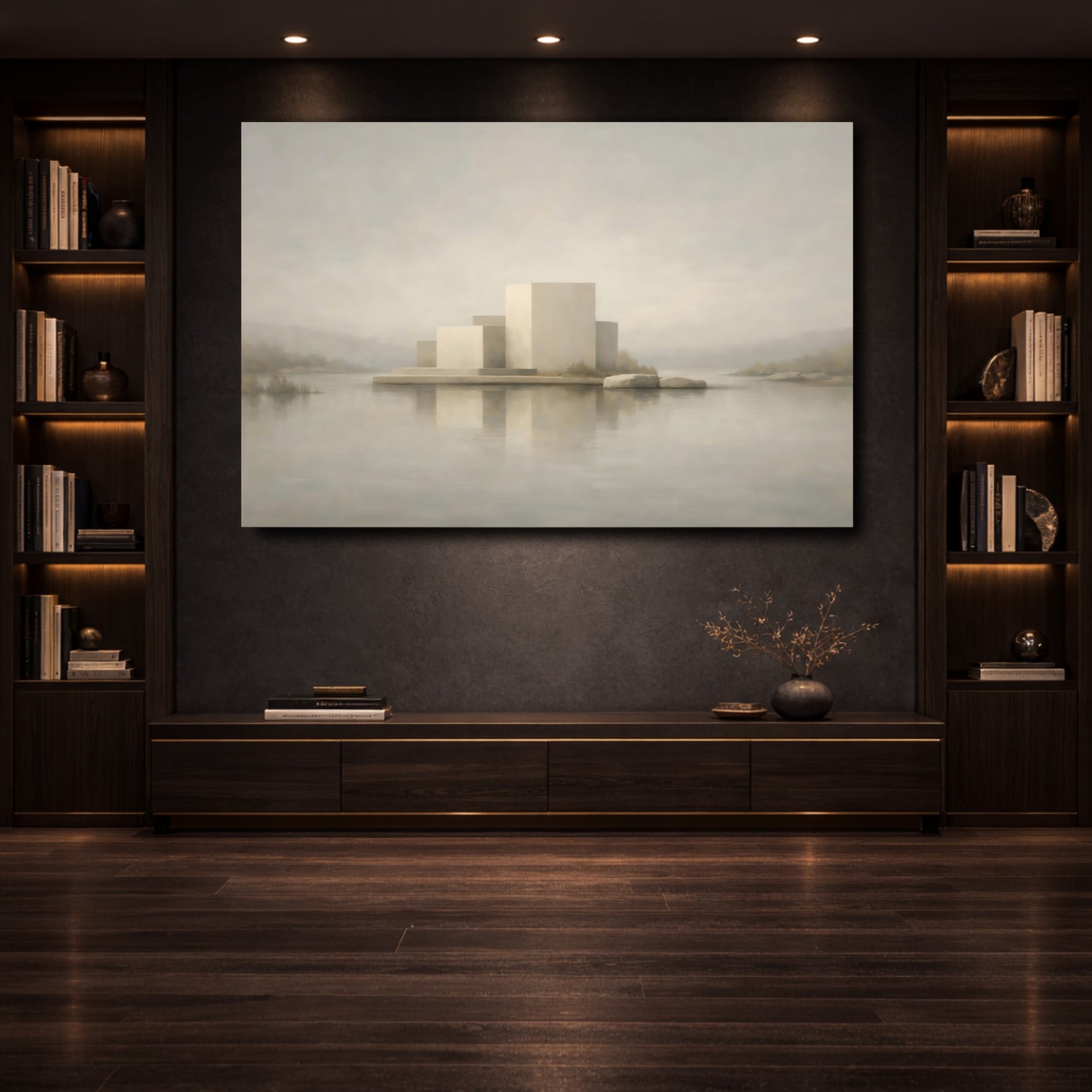 Mockup 3. Abstract Geometric Forms Muted Tones Landscape shown as stretched canvas wall art