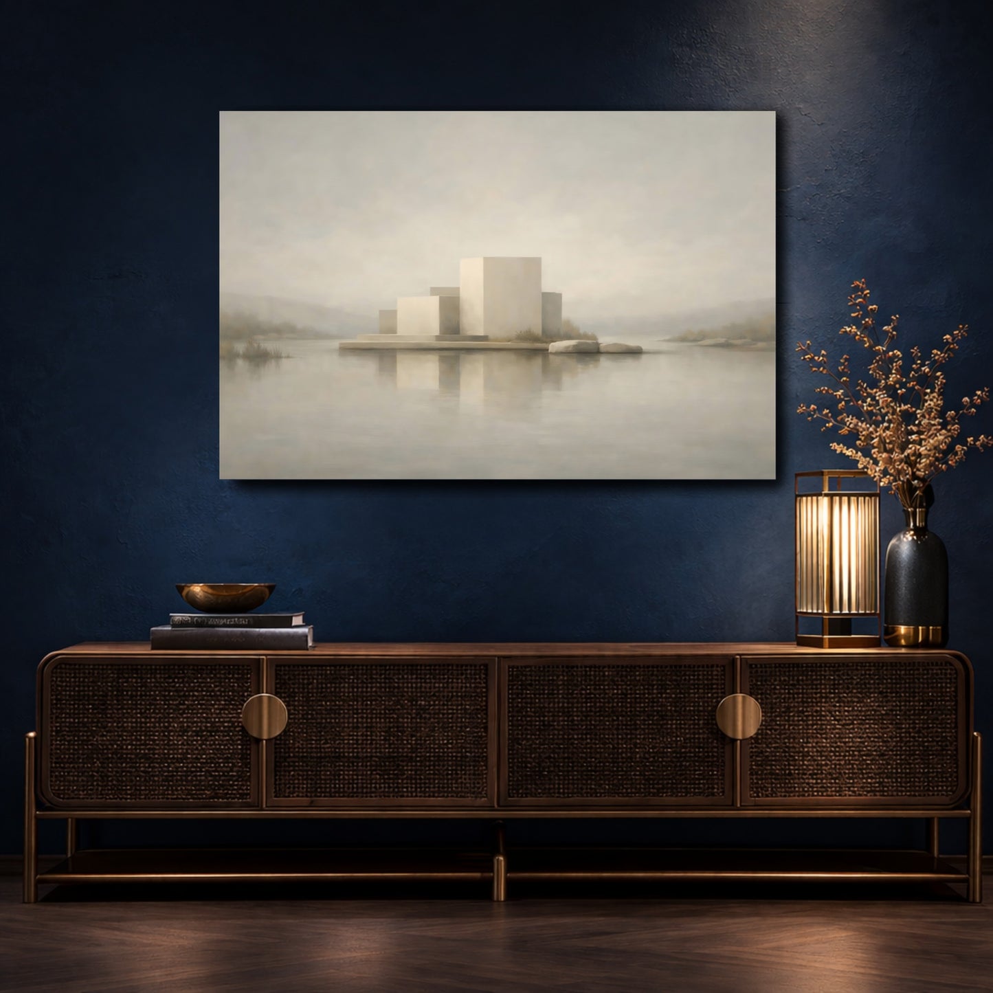 Mockup 4. Abstract Geometric Forms Muted Tones Landscape shown as stretched canvas wall art
