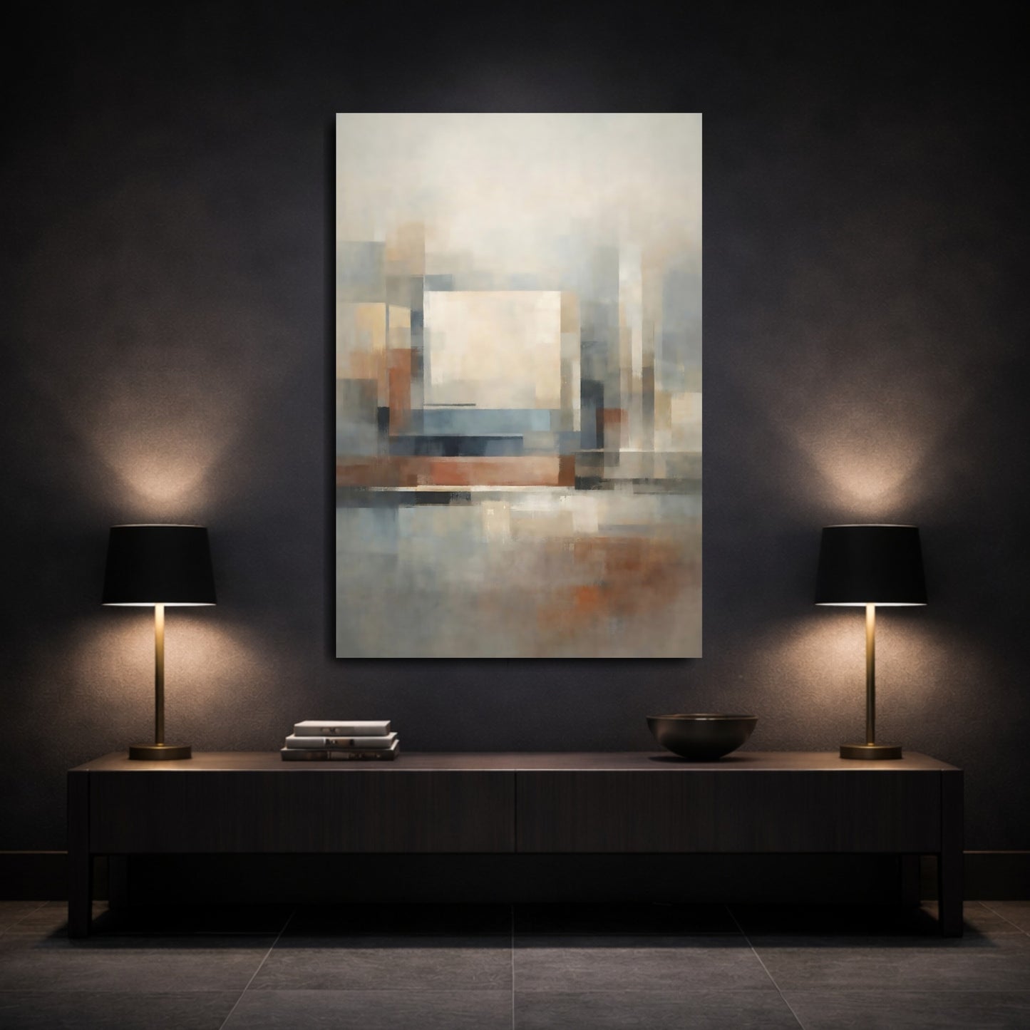 Mockup 2. Abstract Geometric Forms Neutral Abstract Geometric shown as stretched canvas wall art