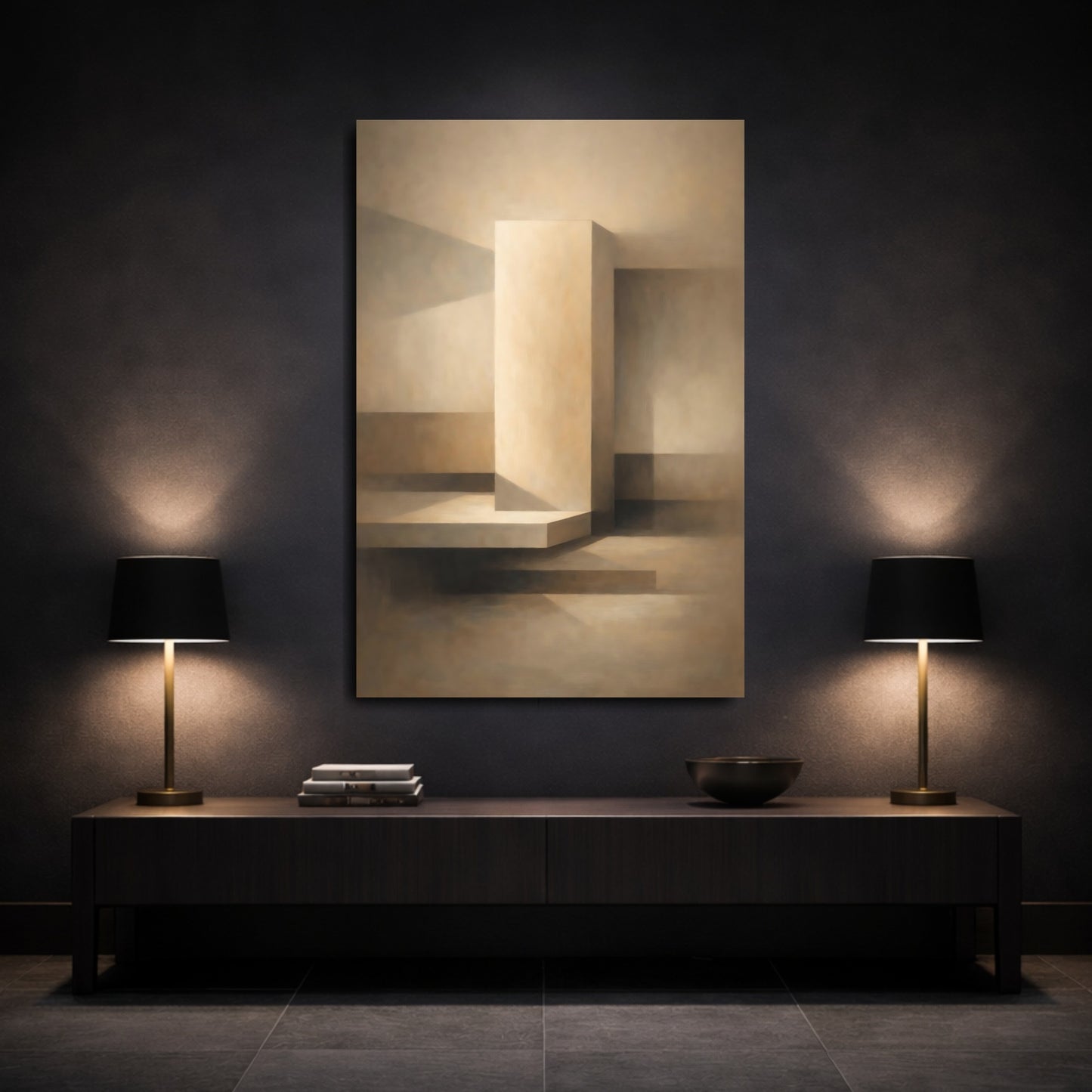 Mockup 2. Abstract Geometric Forms Neutral Geometric shown as stretched canvas wall art