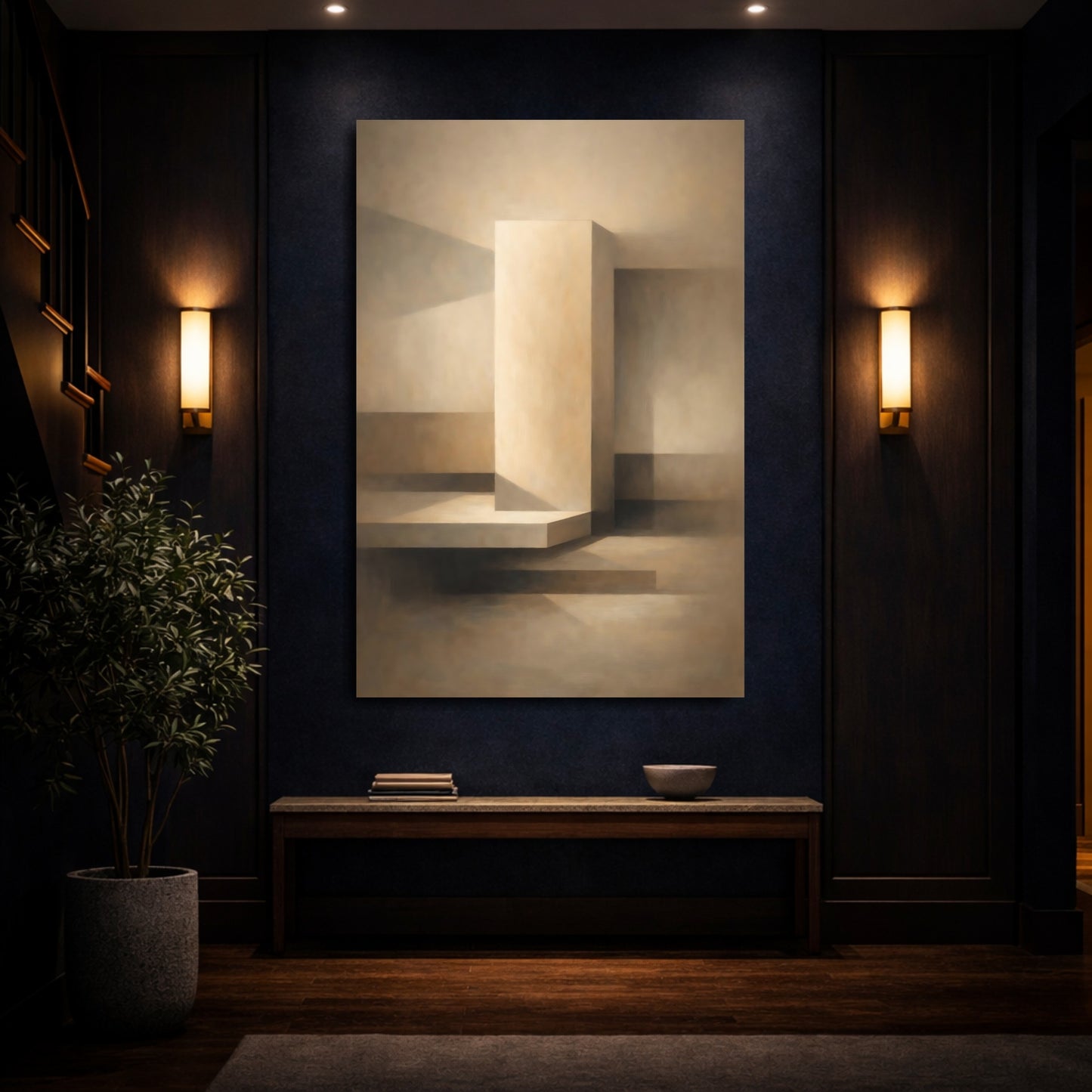 Mockup 3. Abstract Geometric Forms Neutral Geometric shown as stretched canvas wall art