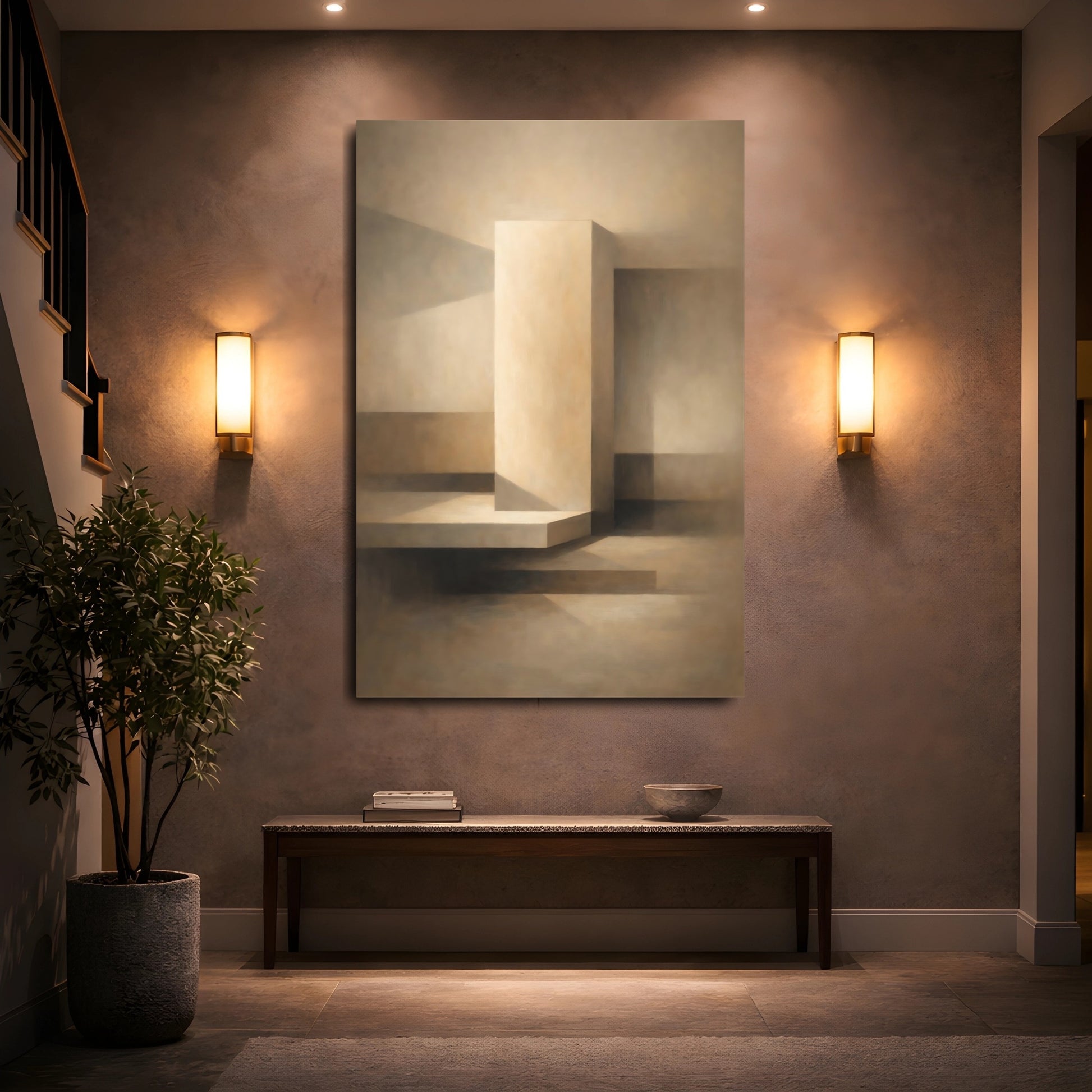 Mockup 4. Abstract Geometric Forms Neutral Geometric shown as stretched canvas wall art