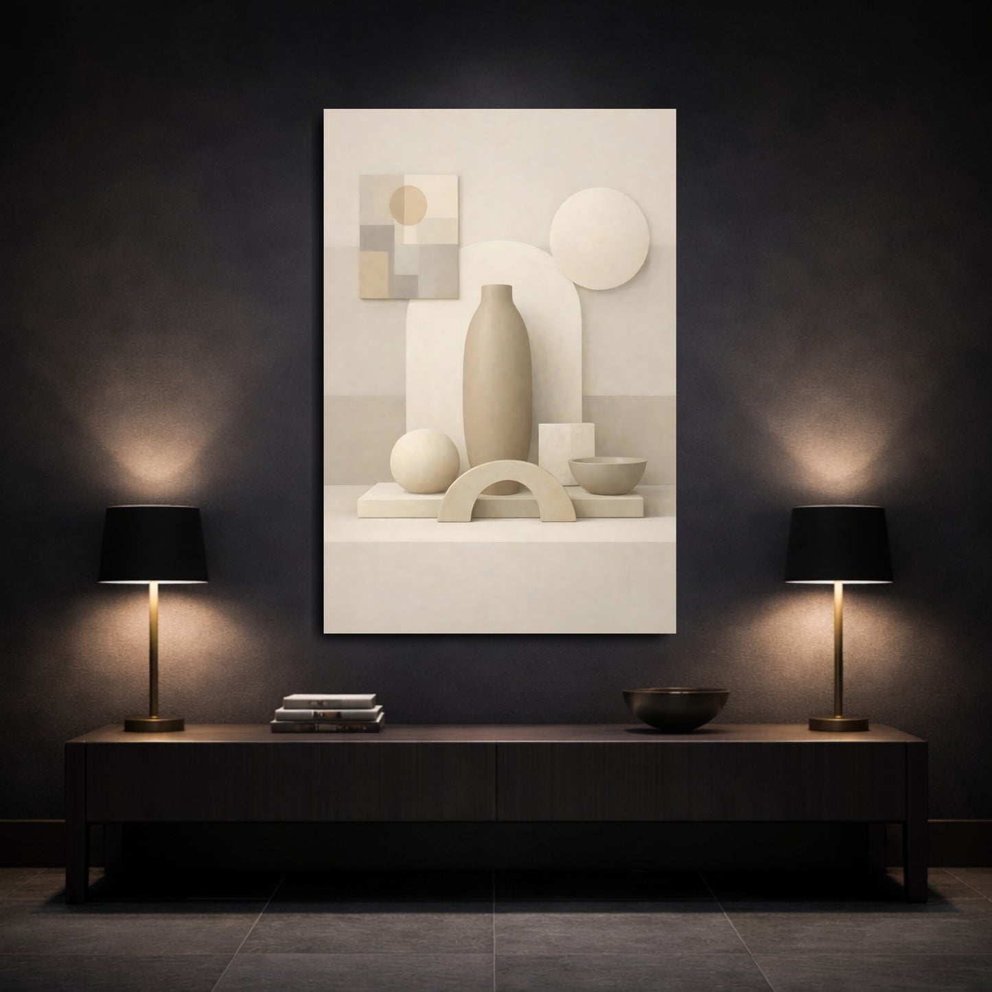 Abstract Geometric Forms Neutral Geometric Shapes shown as front canvas room wall art