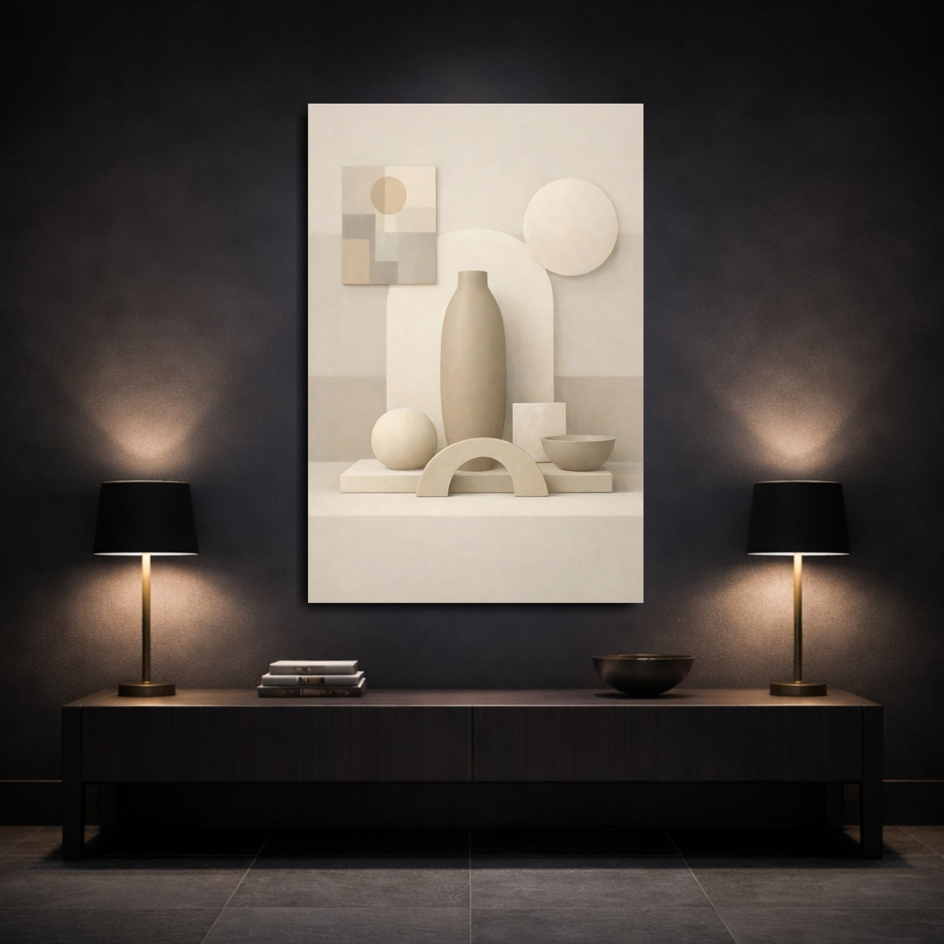 Abstract Geometric Forms Neutral Geometric Shapes shown as front canvas room wall art