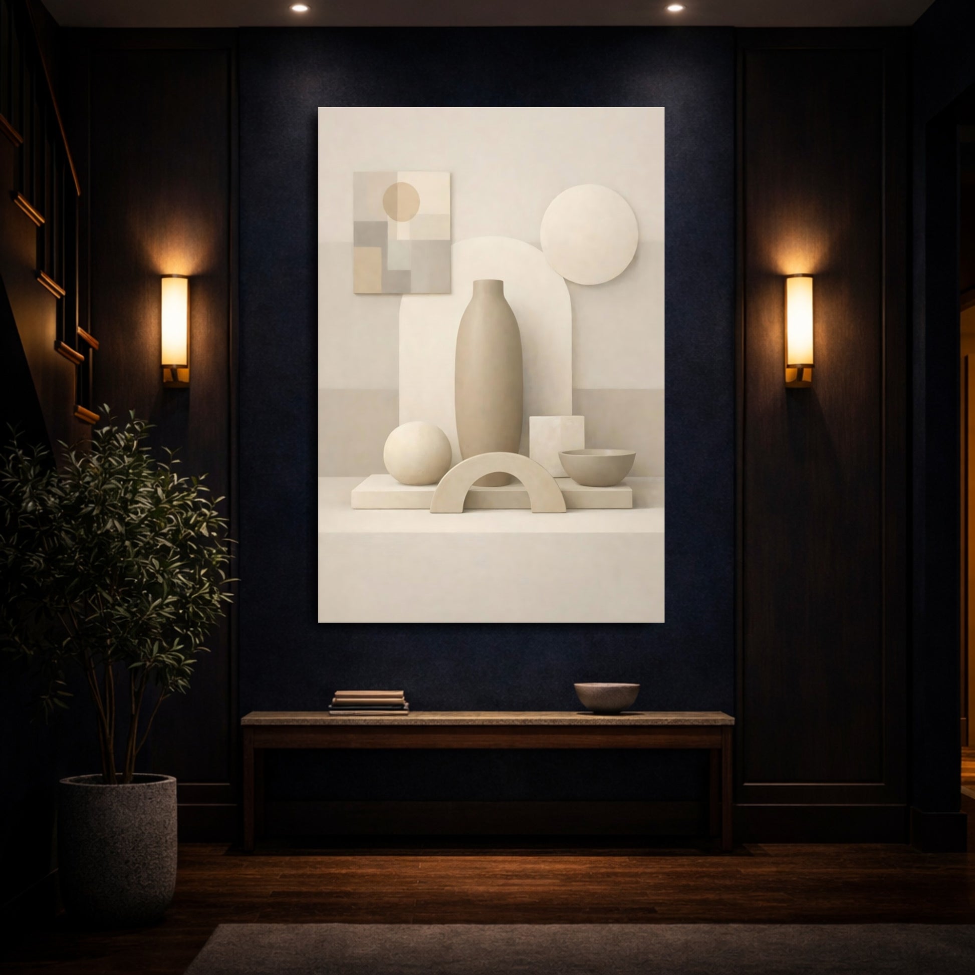 Abstract Geometric Forms Neutral Geometric Shapes shown as front canvas room wall art