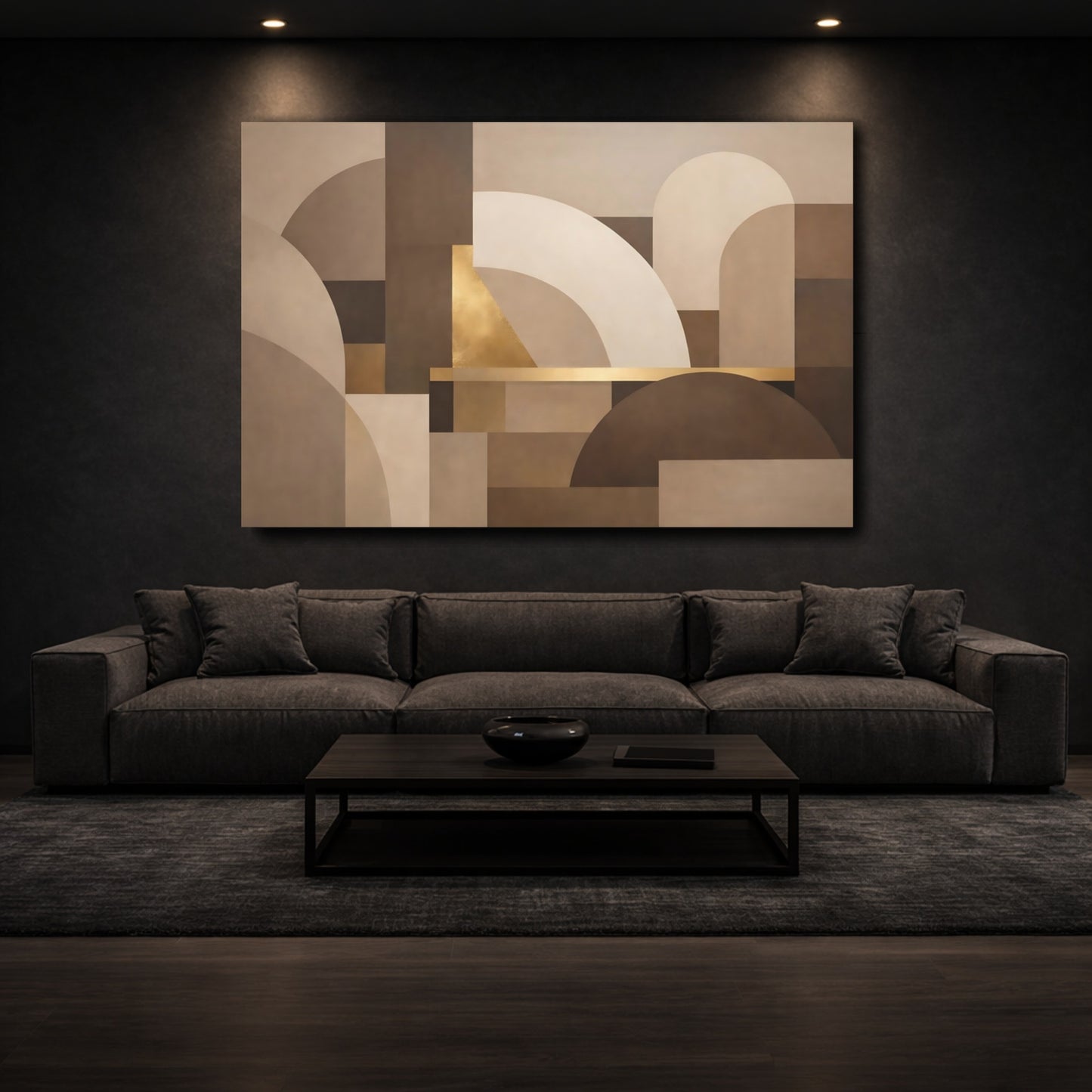 Mockup 2. Abstract Geometric Forms Neutral Gold Abstract shown as stretched canvas wall art