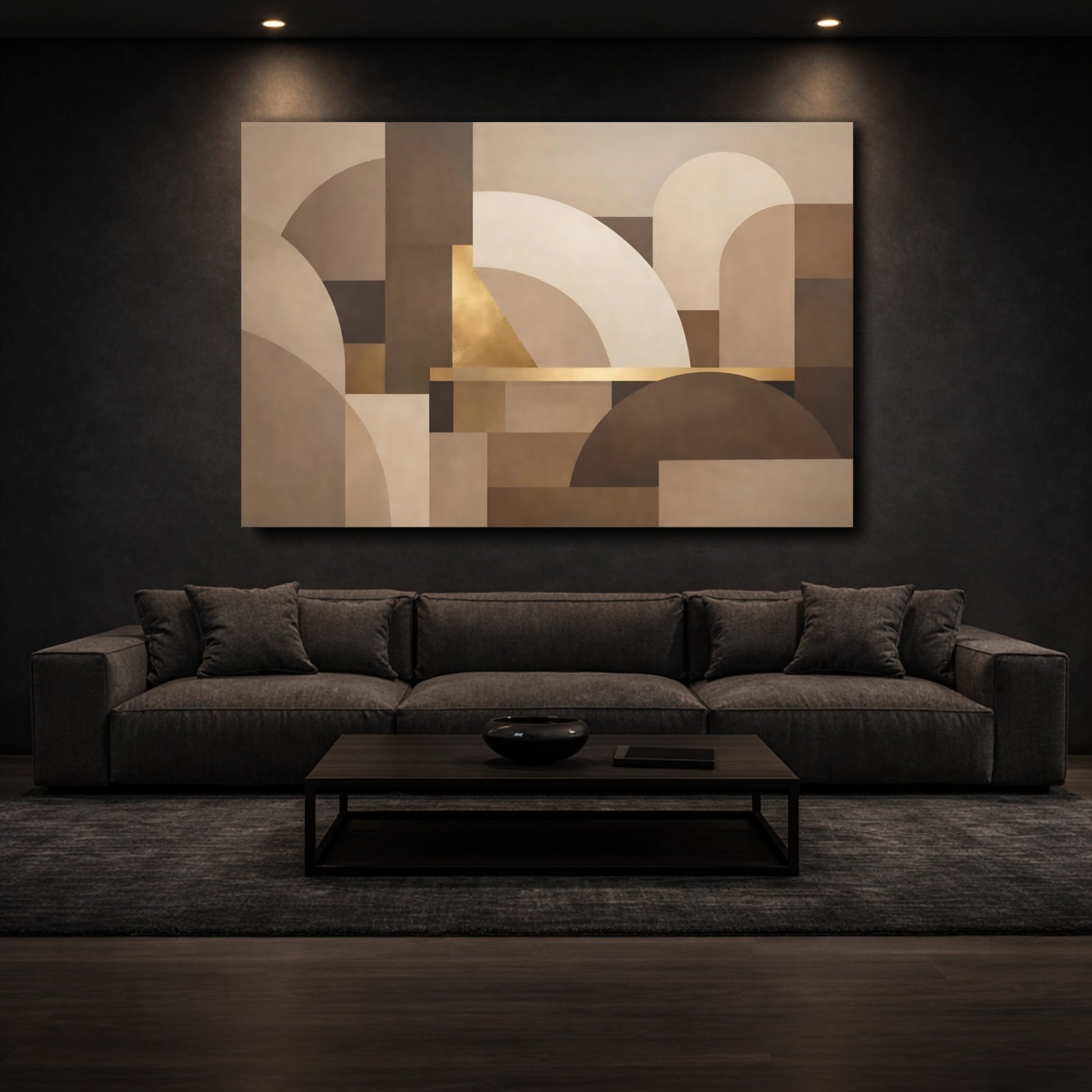 Mockup 2. Abstract Geometric Forms Neutral Gold Abstract shown as stretched canvas wall art