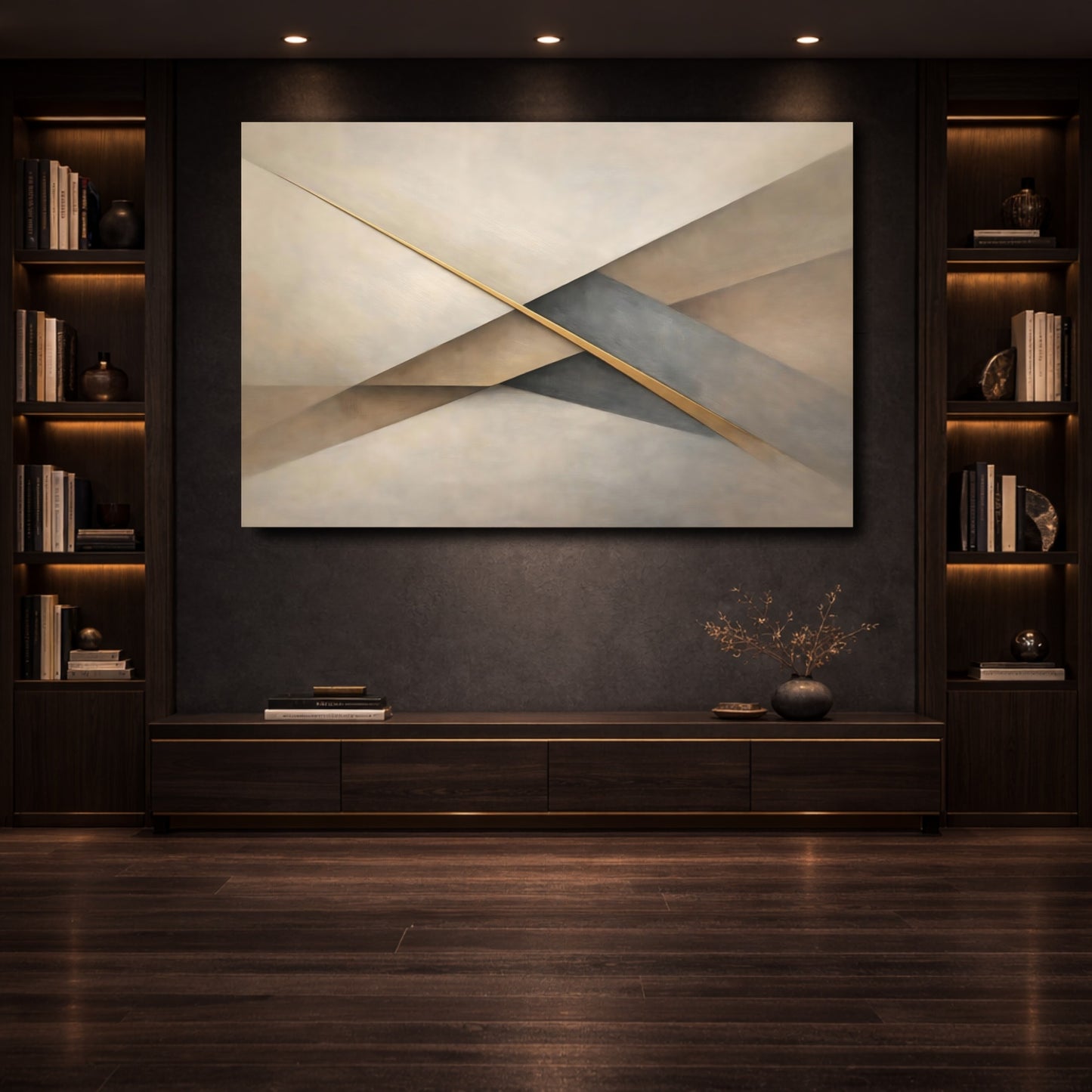 Mockup 3. Abstract Geometric Forms Neutral Gold Abstract shown as stretched canvas wall art