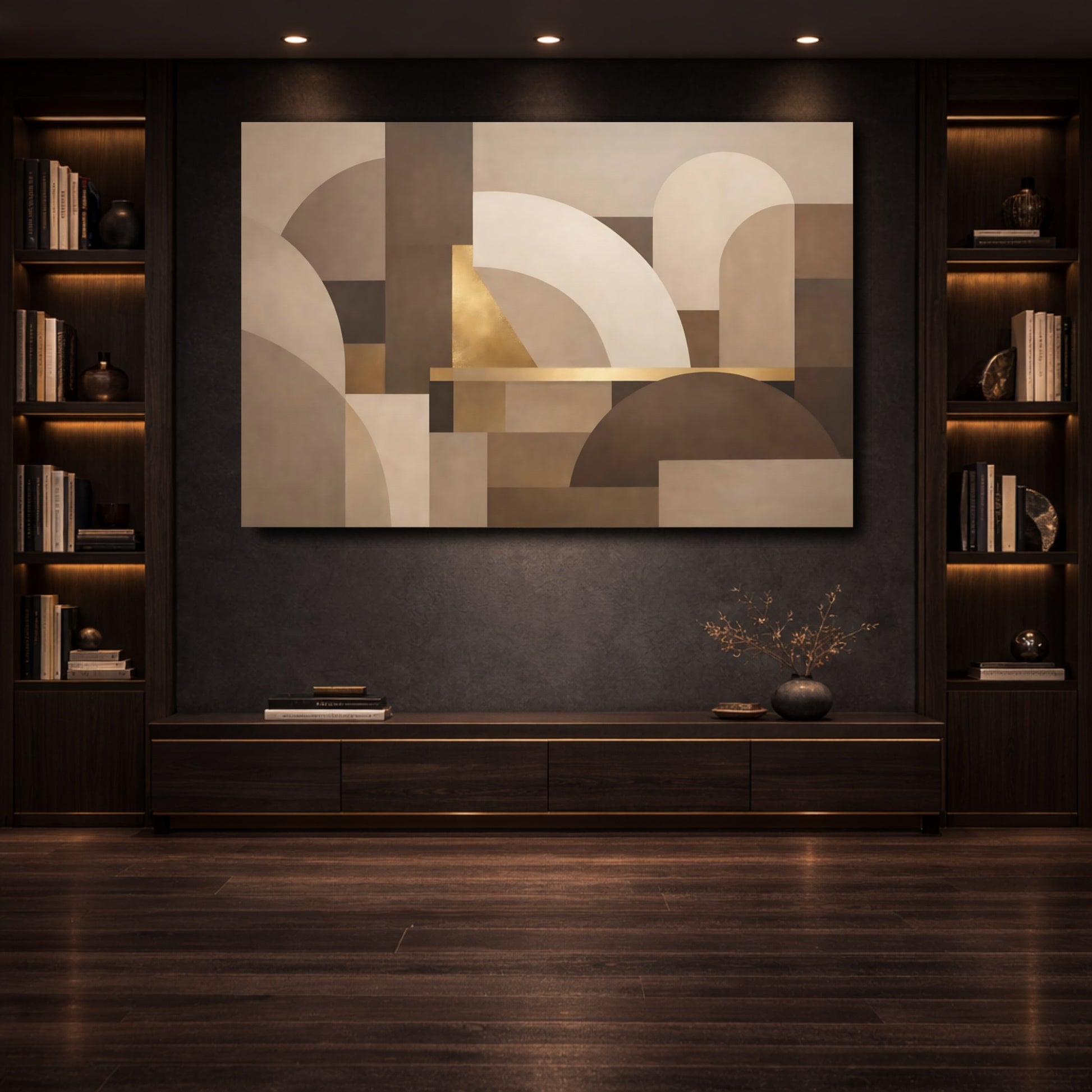 Mockup 3. Abstract Geometric Forms Neutral Gold Abstract shown as stretched canvas wall art