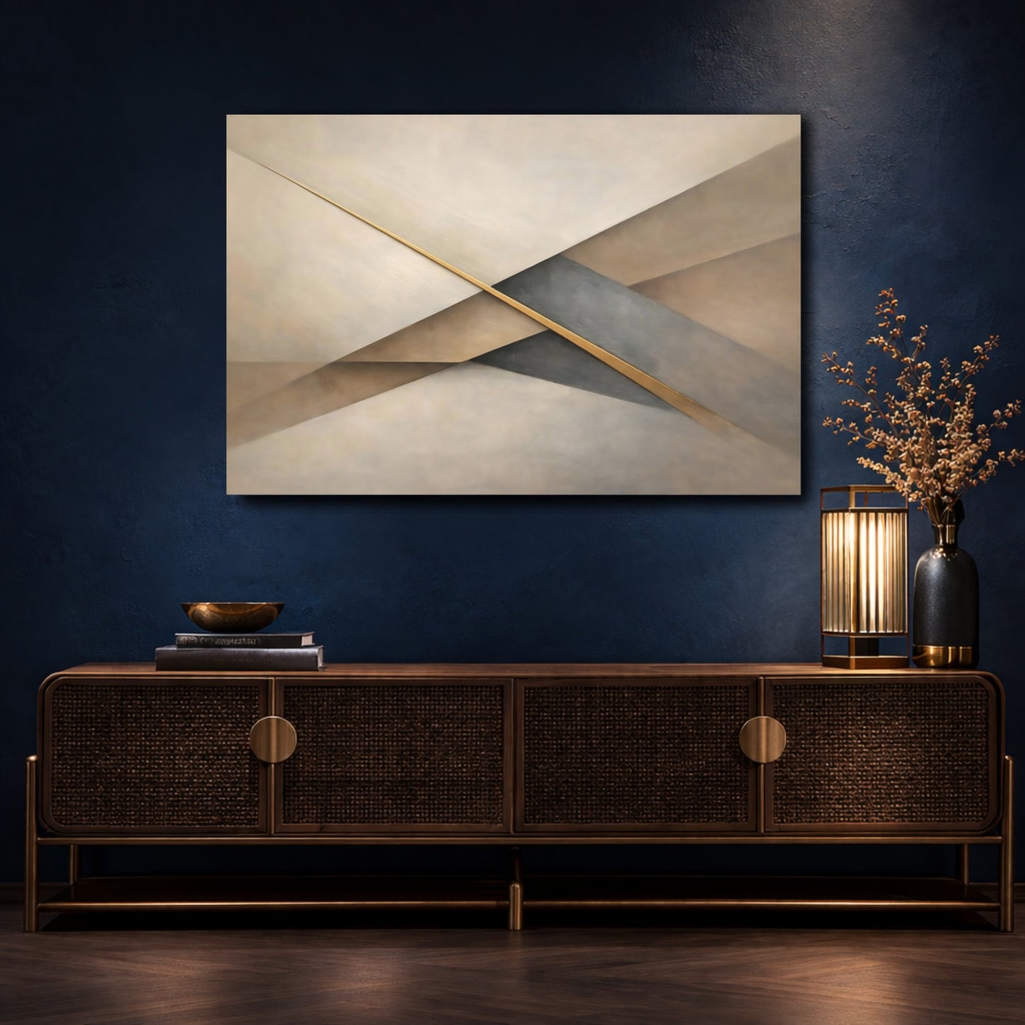 Mockup 4. Abstract Geometric Forms Neutral Gold Abstract shown as stretched canvas wall art
