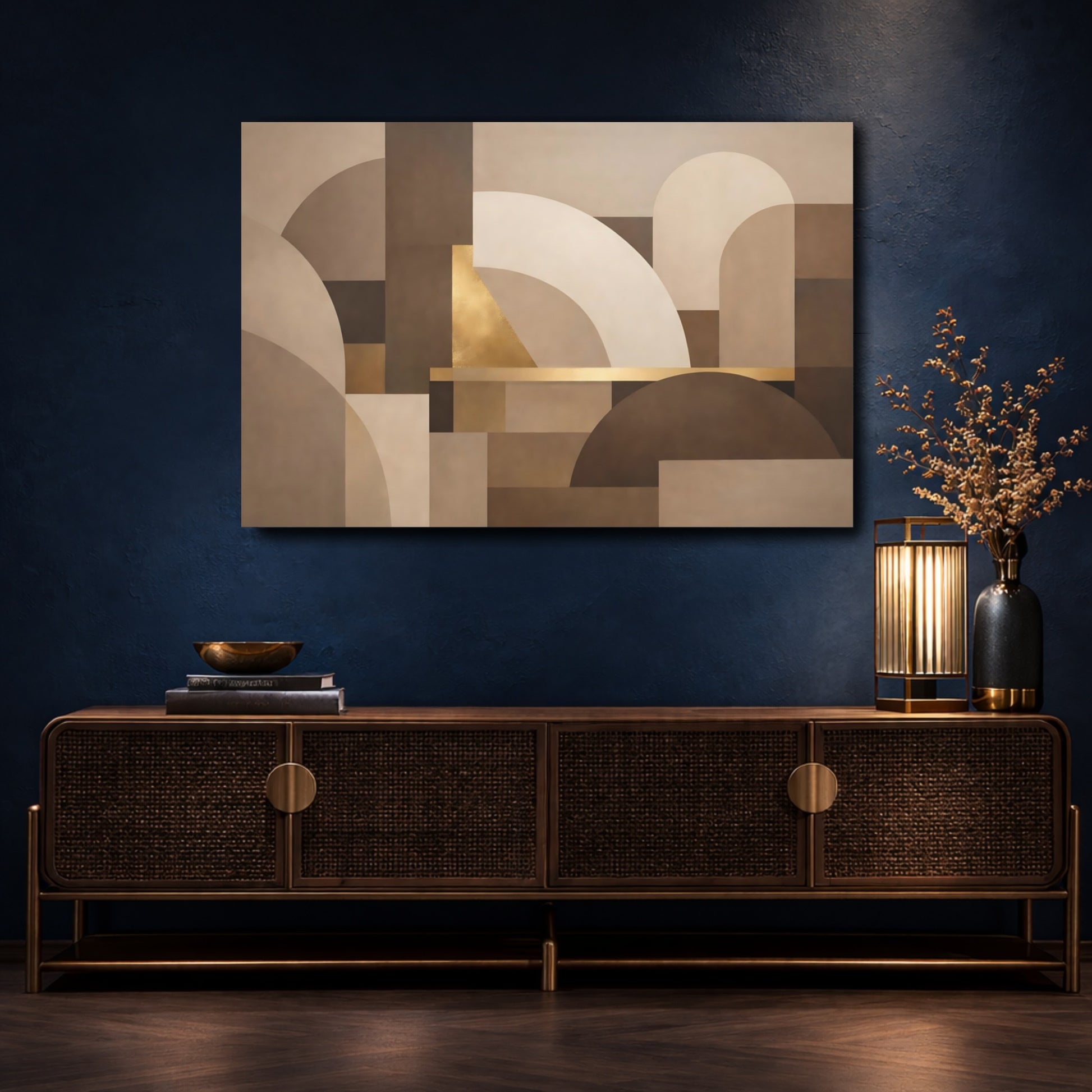 Mockup 4. Abstract Geometric Forms Neutral Gold Abstract shown as stretched canvas wall art