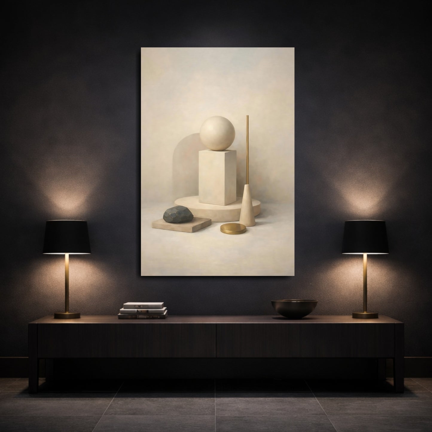 Mockup 2. Abstract Geometric Forms Neutral Gold shown as stretched canvas wall art