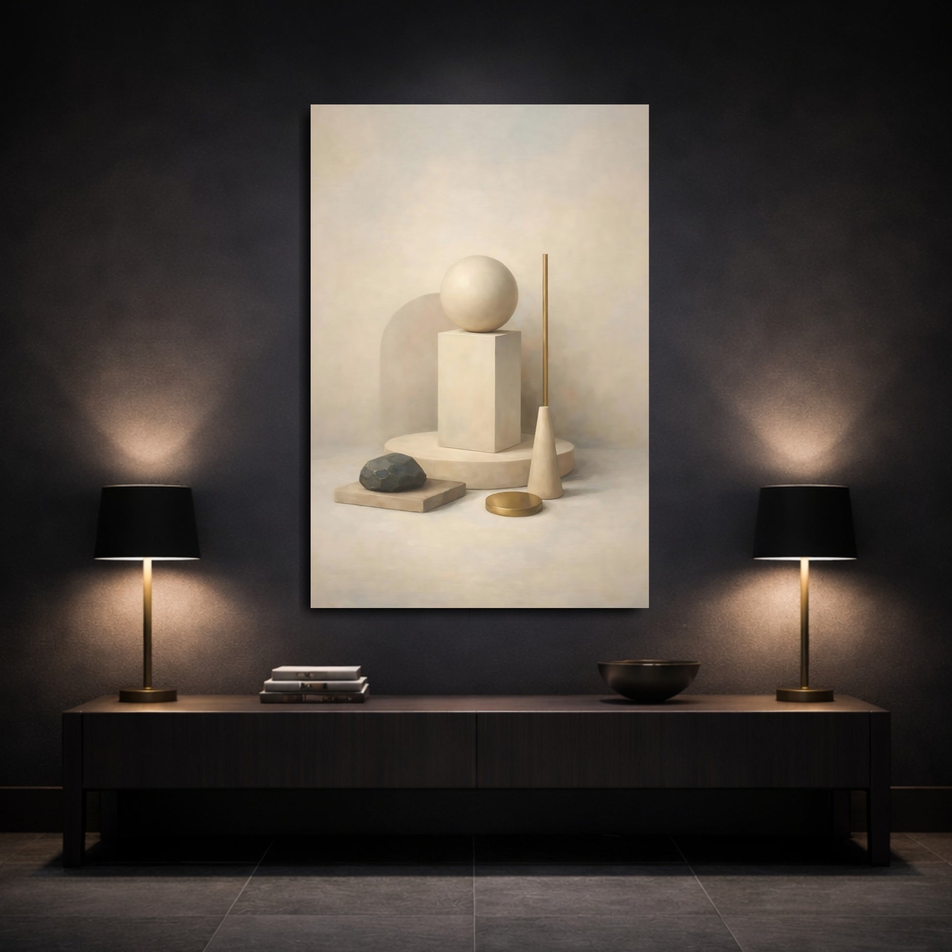 Mockup 2. Abstract Geometric Forms Neutral Gold shown as stretched canvas wall art