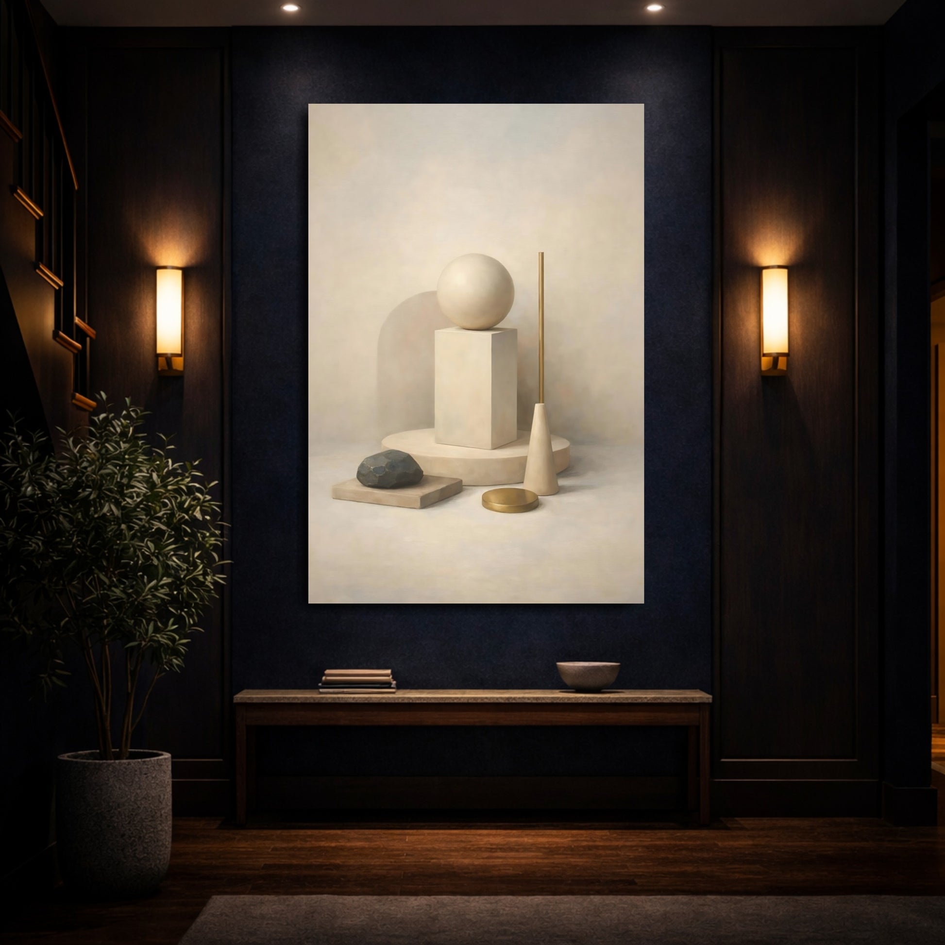 Mockup 3. Abstract Geometric Forms Neutral Gold shown as stretched canvas wall art