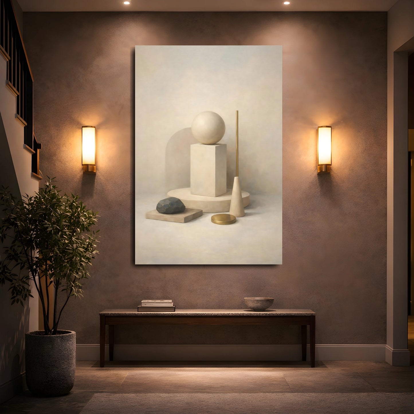 Mockup 4. Abstract Geometric Forms Neutral Gold shown as stretched canvas wall art