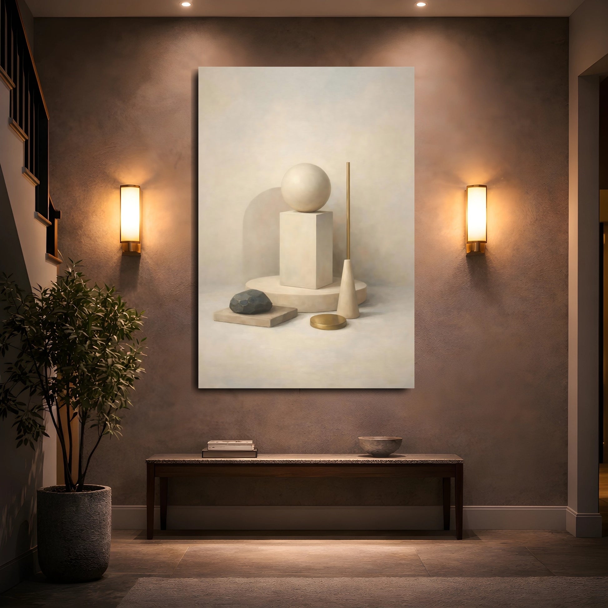Mockup 4. Abstract Geometric Forms Neutral Gold shown as stretched canvas wall art