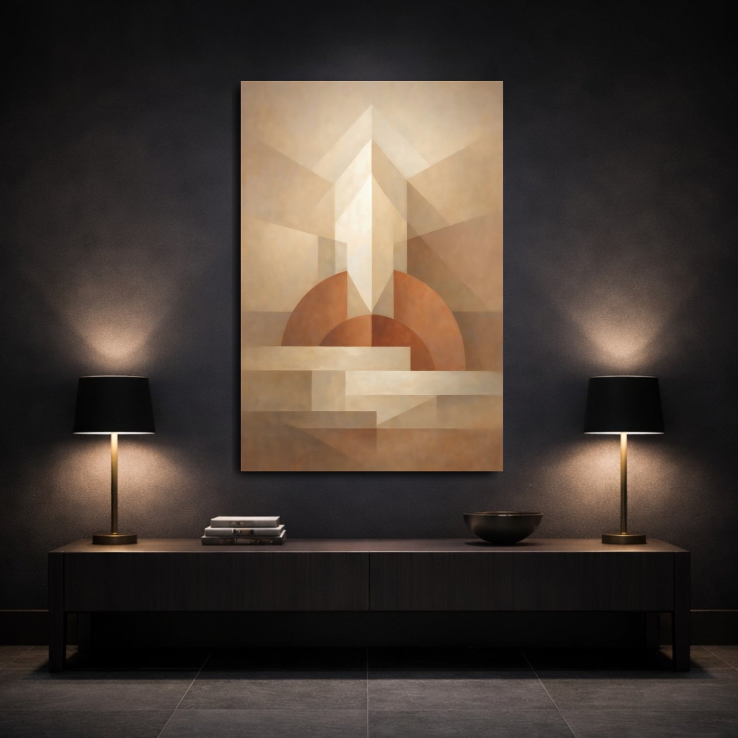Mockup 2. Abstract Geometric Forms Neutral Tones shown as stretched canvas wall art