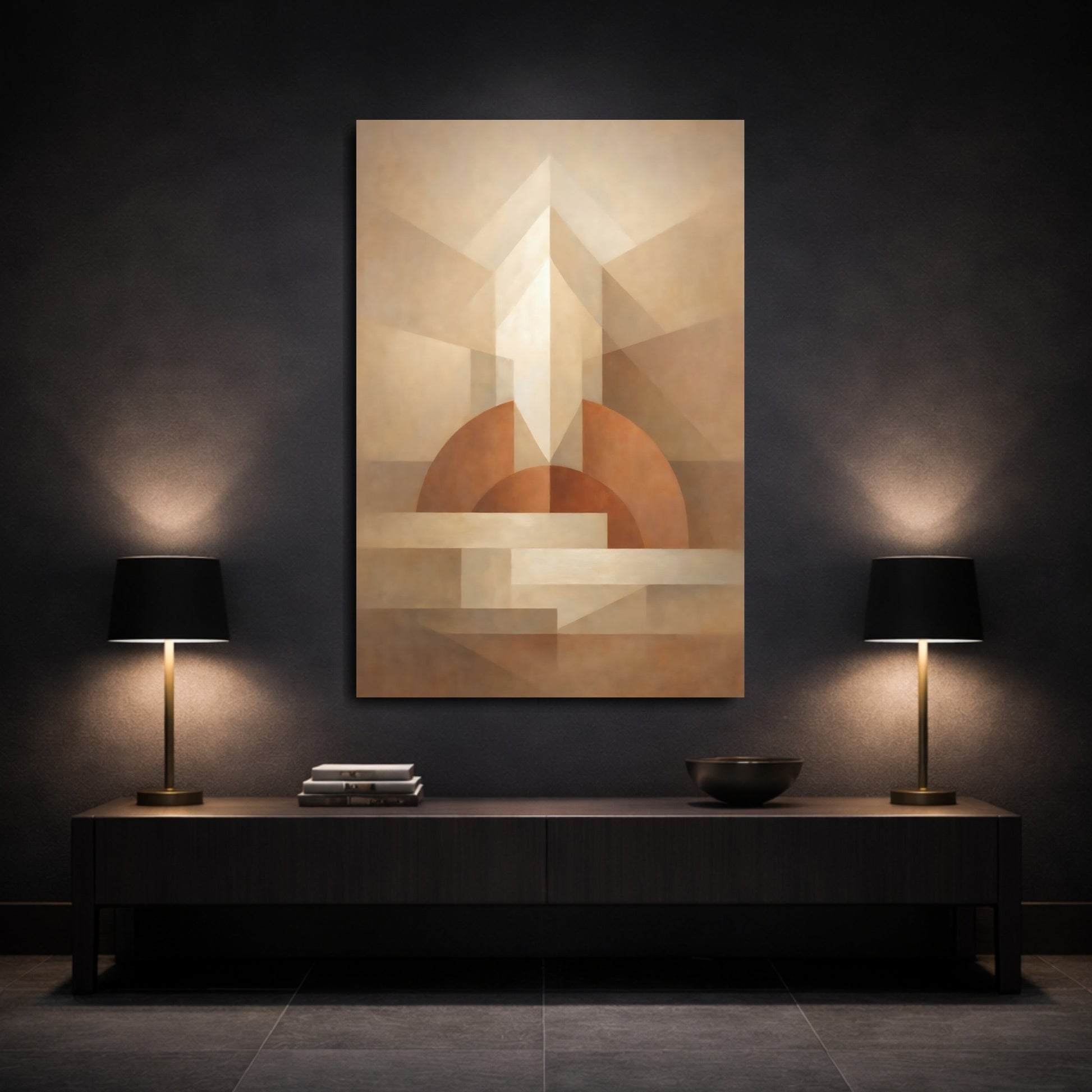 Mockup 2. Abstract Geometric Forms Neutral Tones shown as stretched canvas wall art