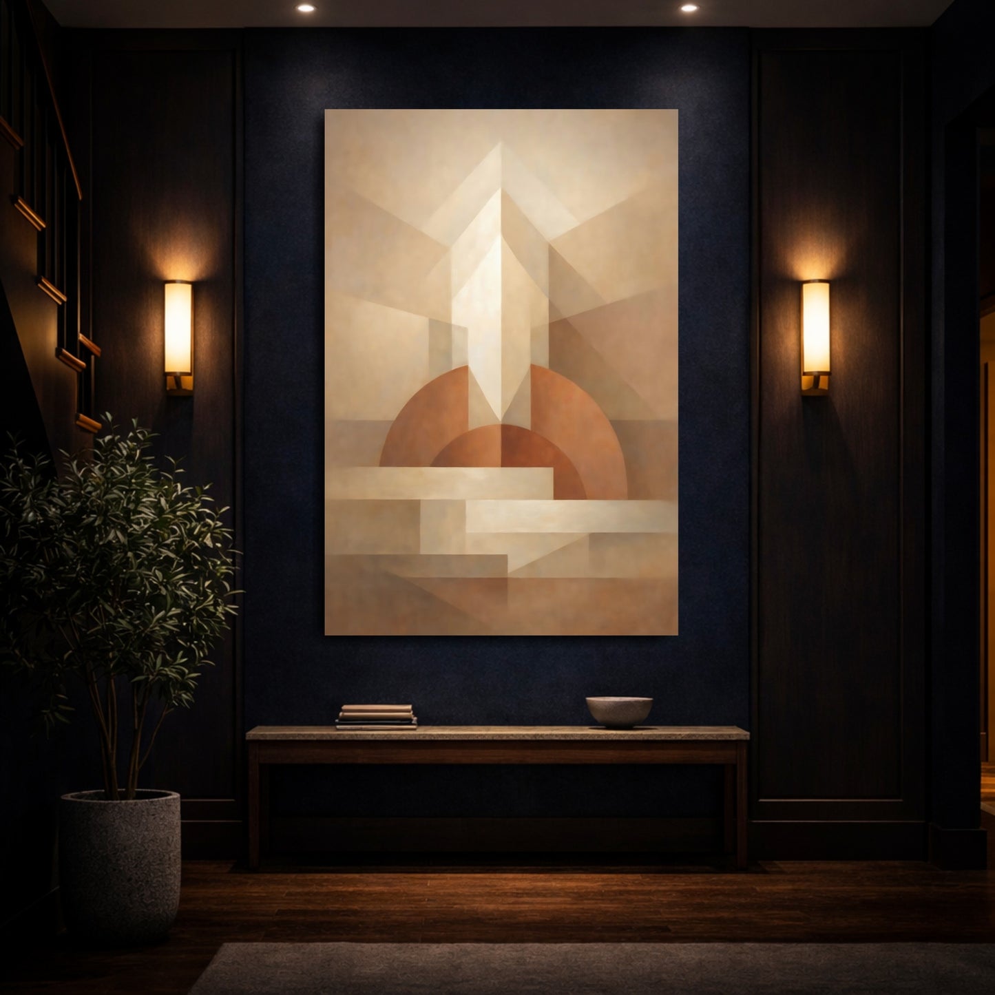 Mockup 3. Abstract Geometric Forms Neutral Tones shown as stretched canvas wall art
