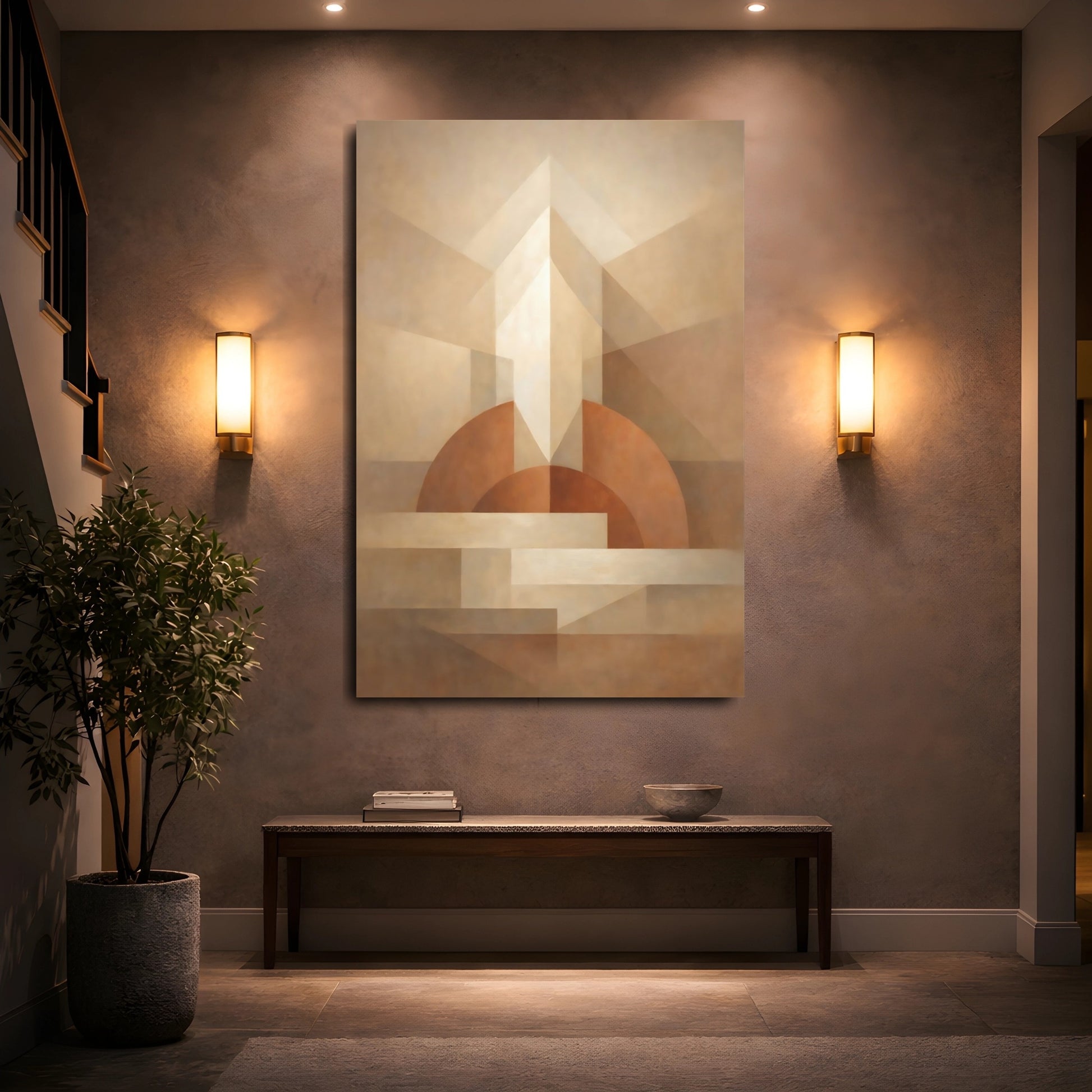 Mockup 4. Abstract Geometric Forms Neutral Tones shown as stretched canvas wall art