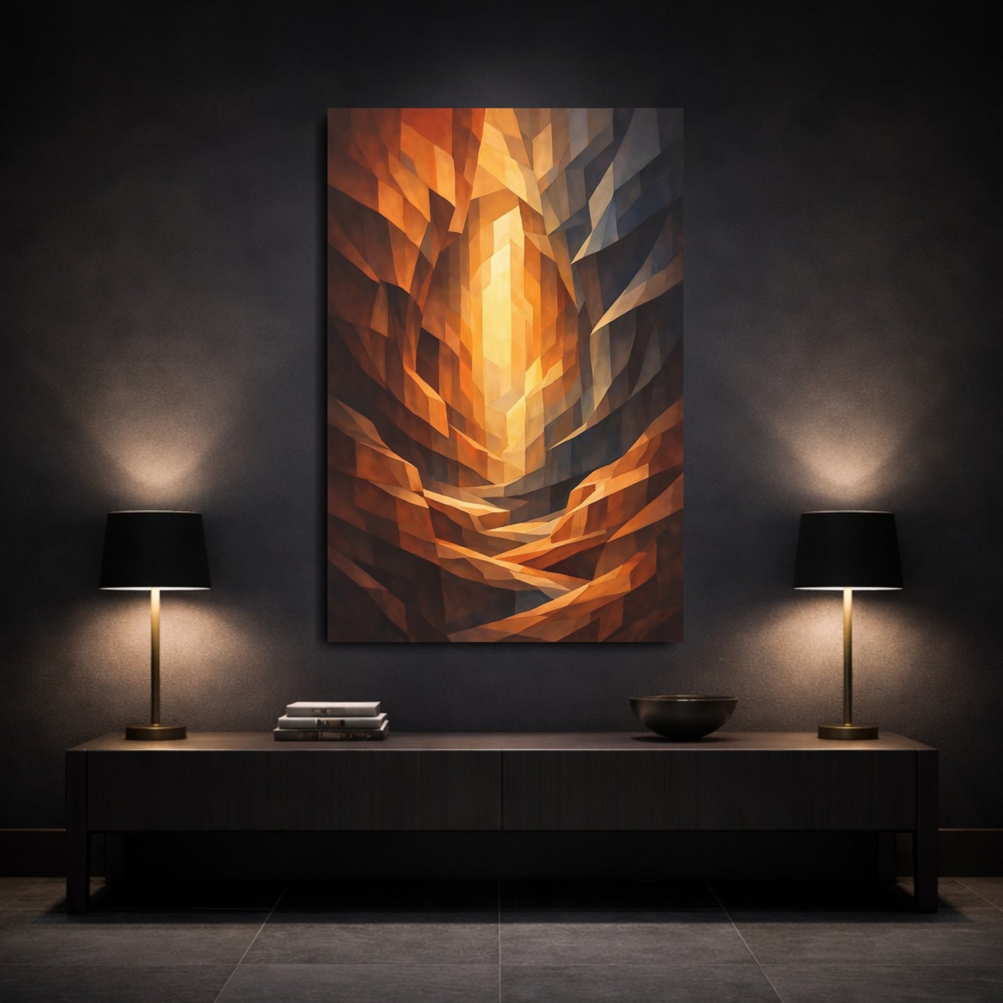 Abstract Geometric Forms Orange Gold Abstract shown as front canvas room wall art