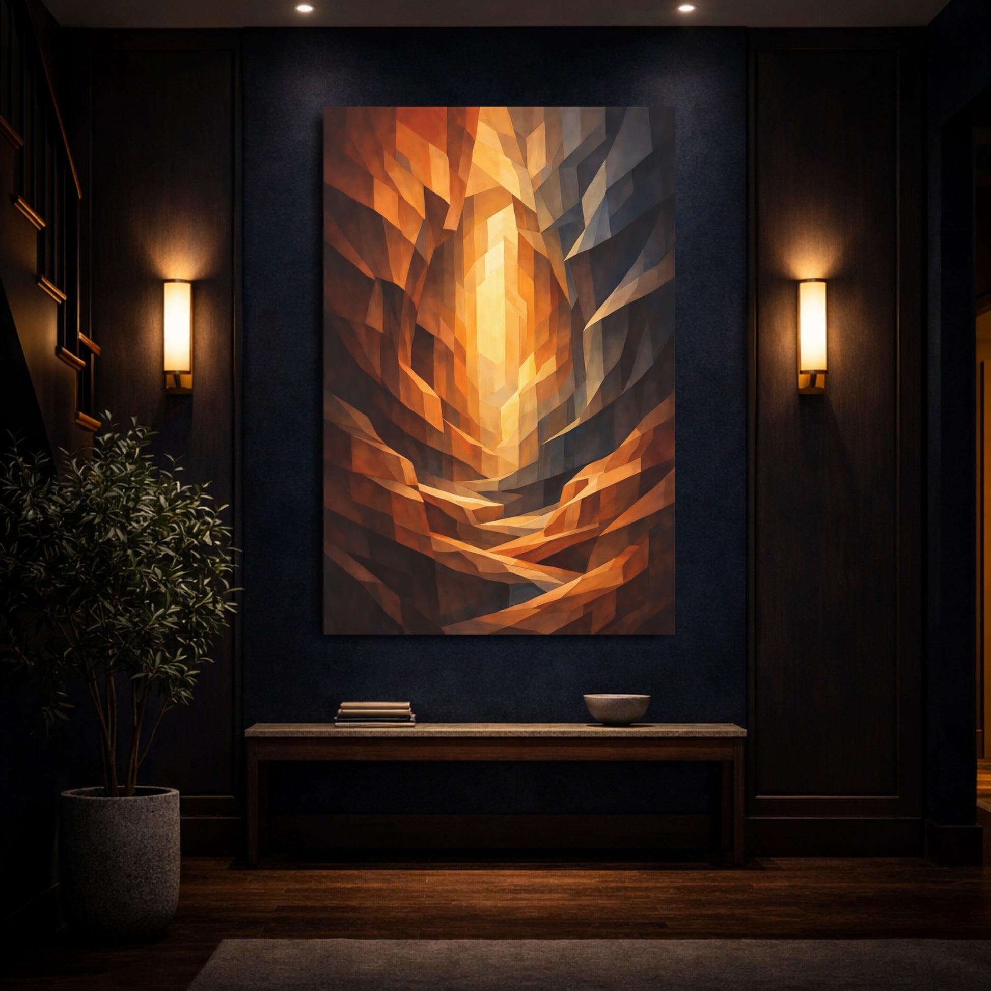 Abstract Geometric Forms Orange Gold Abstract shown as front canvas room wall art