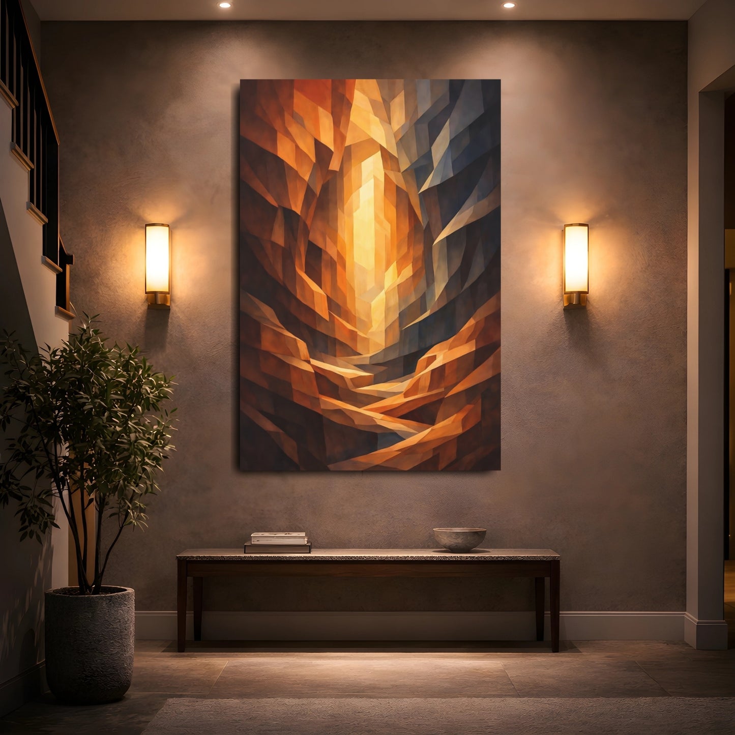 Abstract Geometric Forms Orange Gold Abstract shown as front canvas room wall art
