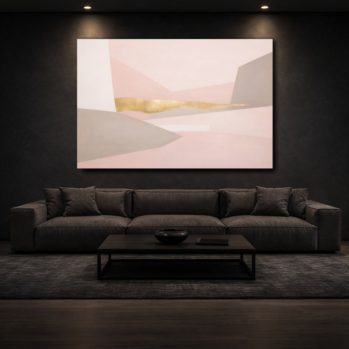 Mockup 2. Abstract Geometric Forms Pink Gold Abstract shown as stretched canvas wall art