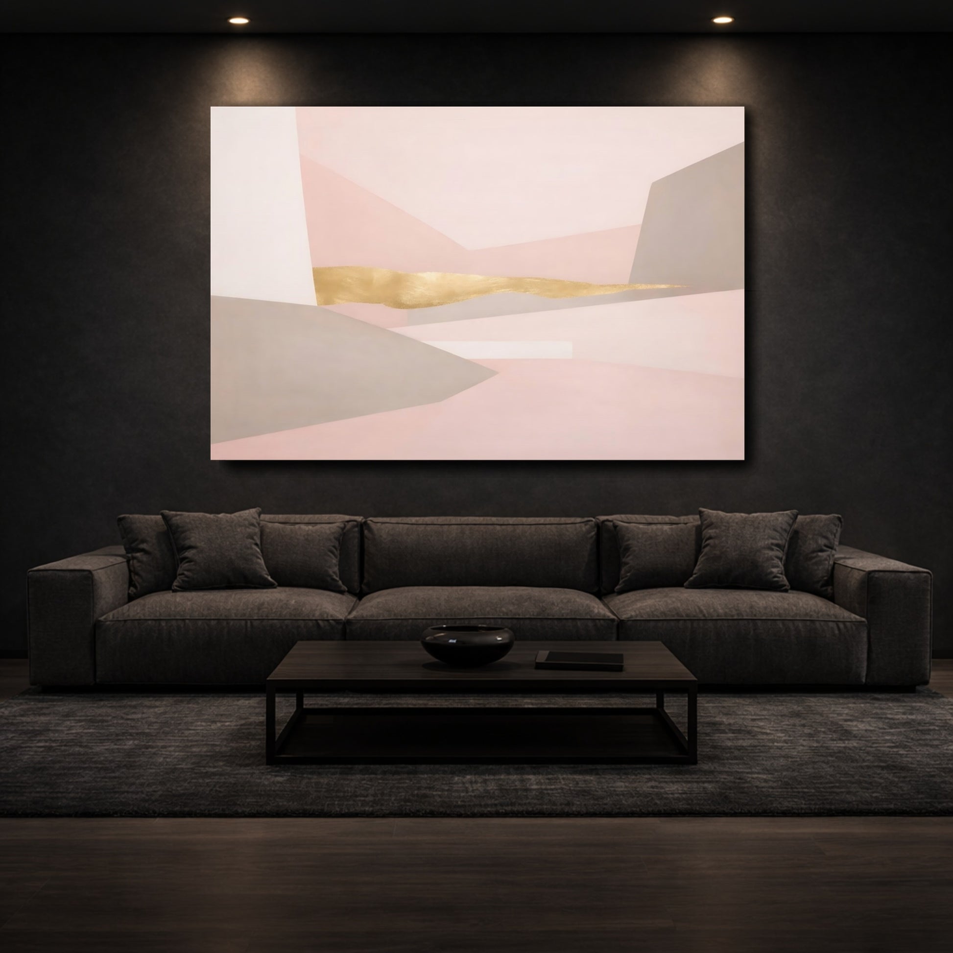 Mockup 2. Abstract Geometric Forms Pink Gold Abstract shown as stretched canvas wall art