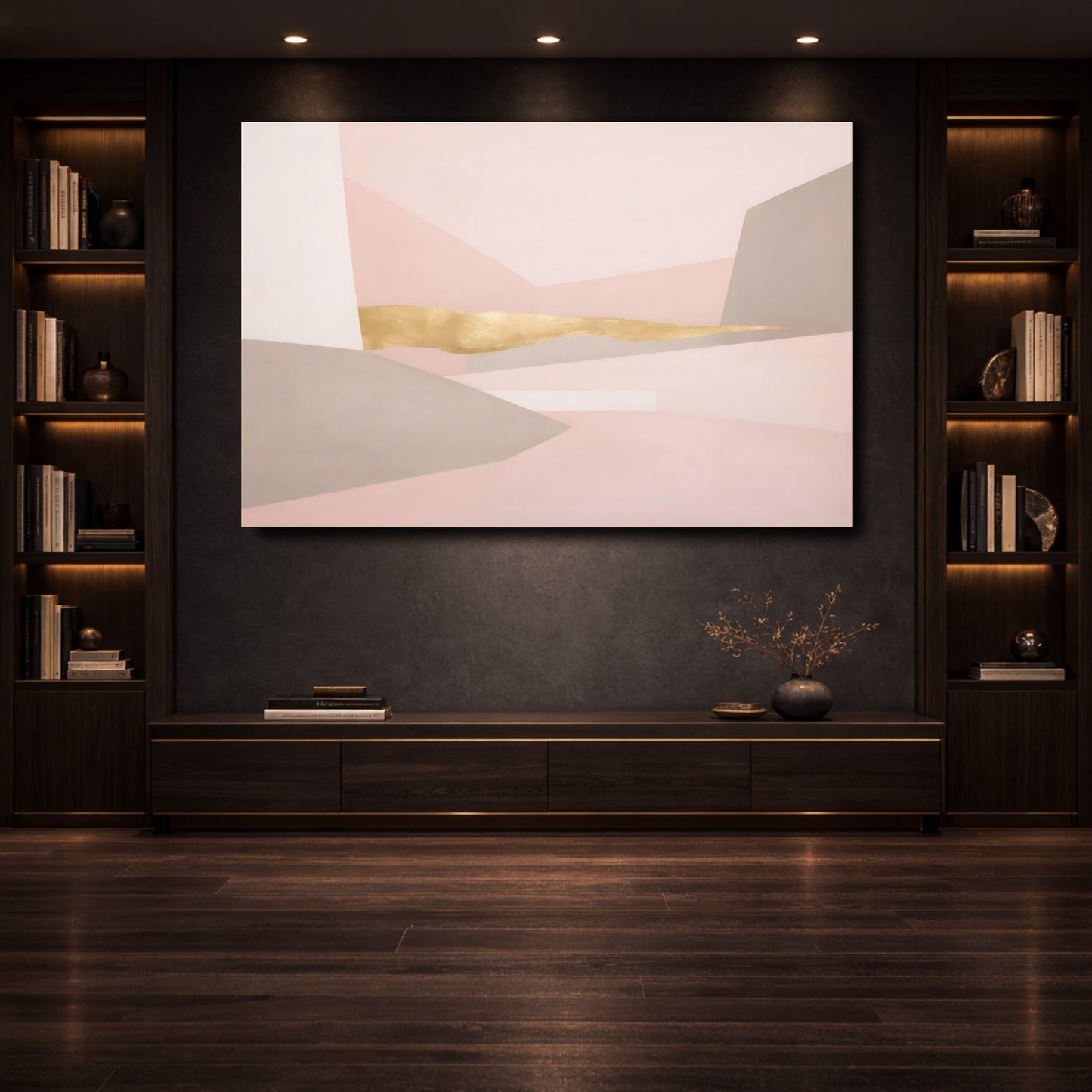 Mockup 3. Abstract Geometric Forms Pink Gold Abstract shown as stretched canvas wall art