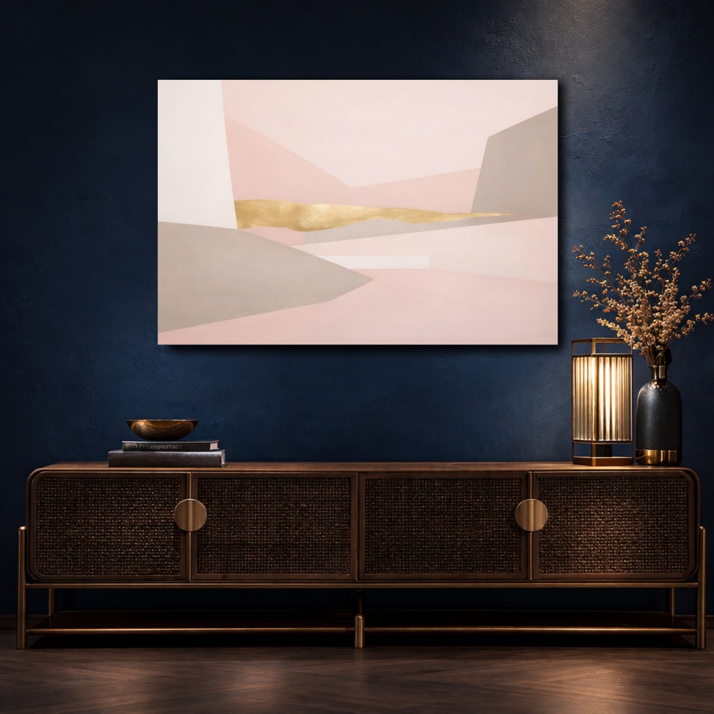 Mockup 4. Abstract Geometric Forms Pink Gold Abstract shown as stretched canvas wall art