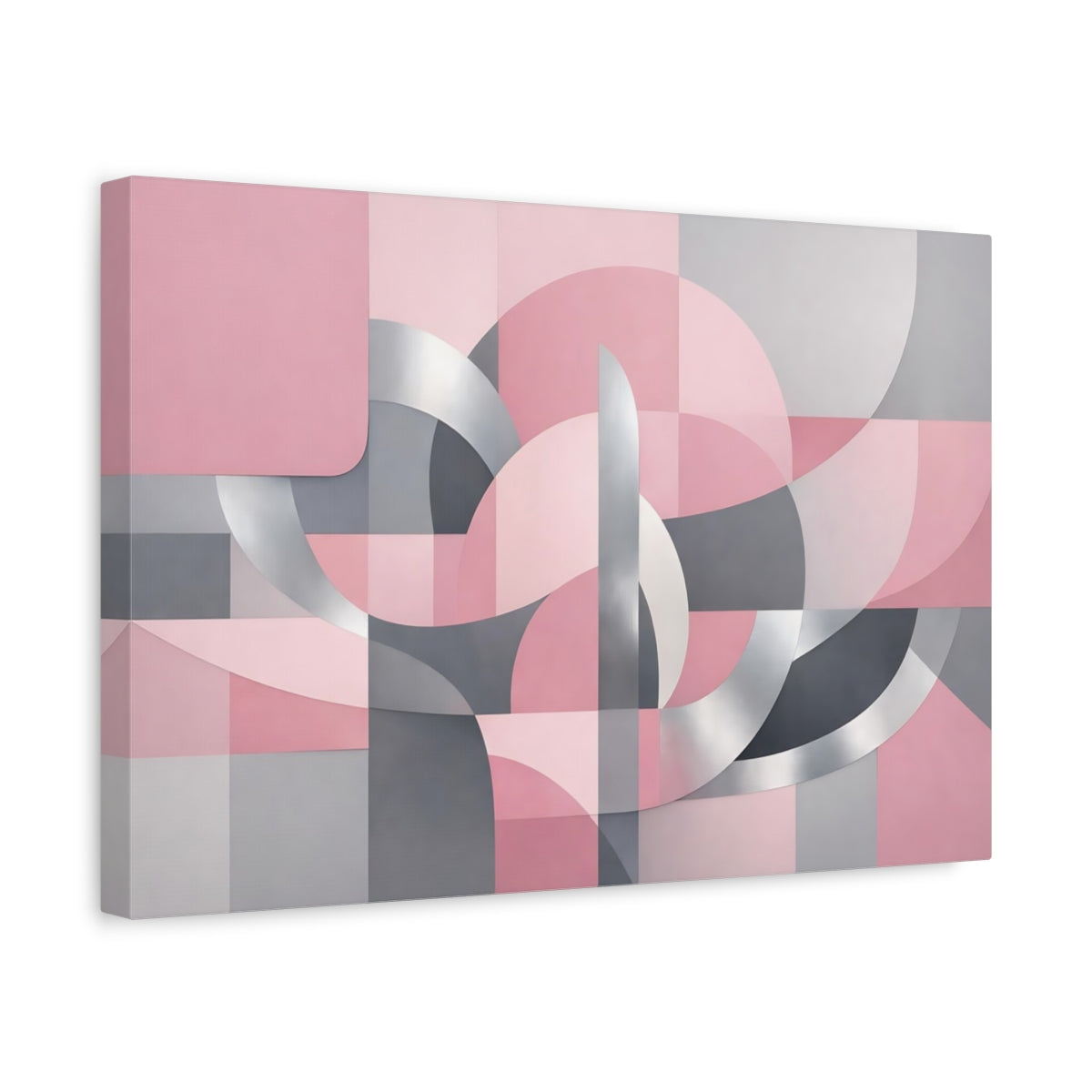 Side Mockup 4. Abstract Geometric Forms Pink Grey Silver shown as stretched canvas wall art