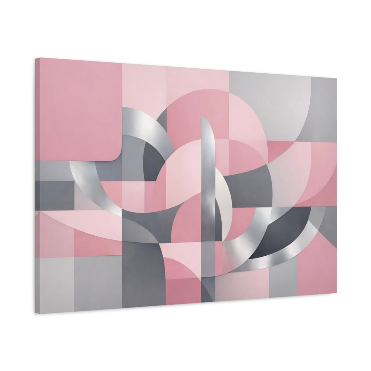 Side Mockup 1. Abstract Geometric Forms Pink Grey Silver shown as stretched canvas wall art