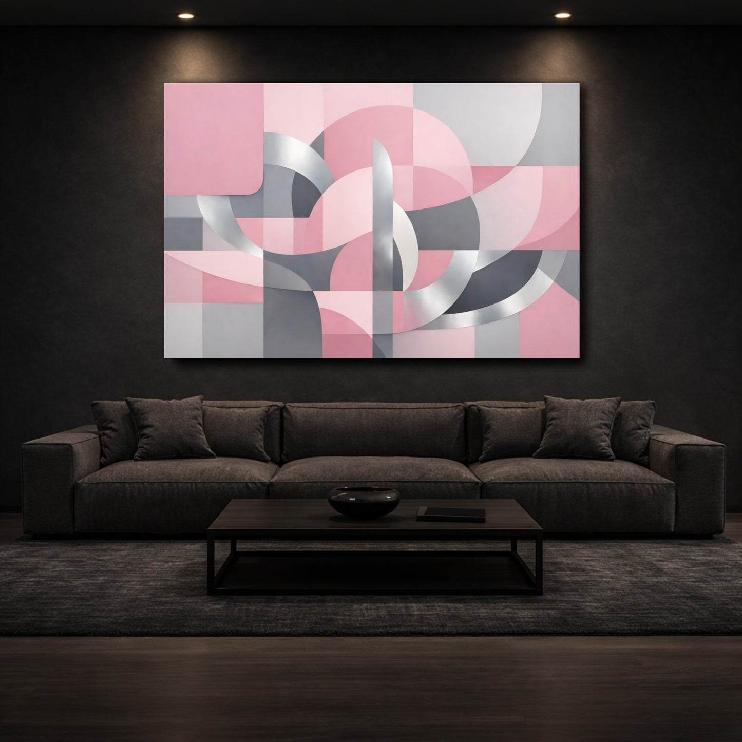 Mockup 2. Abstract Geometric Forms Pink Grey Silver shown as stretched canvas wall art