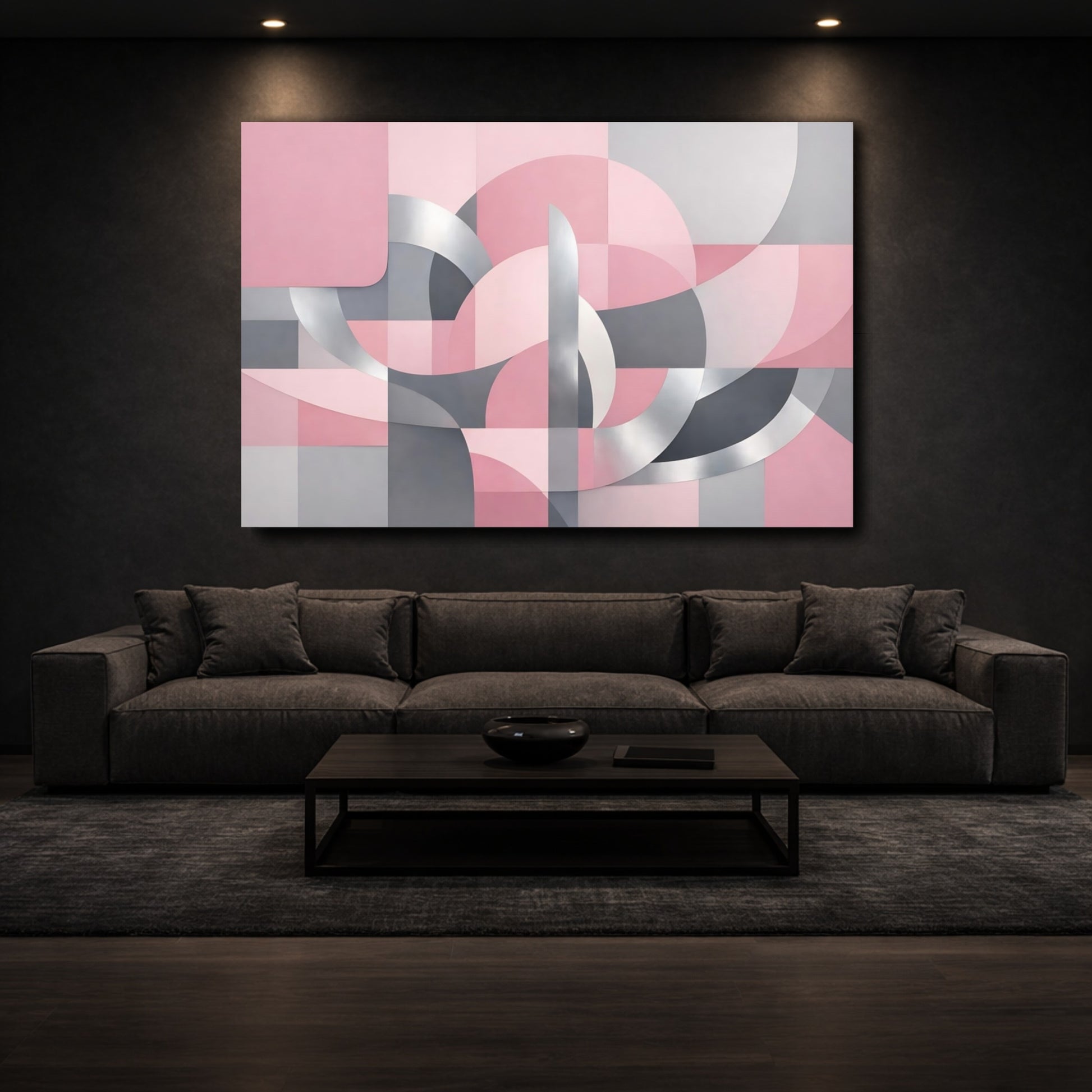 Mockup 2. Abstract Geometric Forms Pink Grey Silver shown as stretched canvas wall art