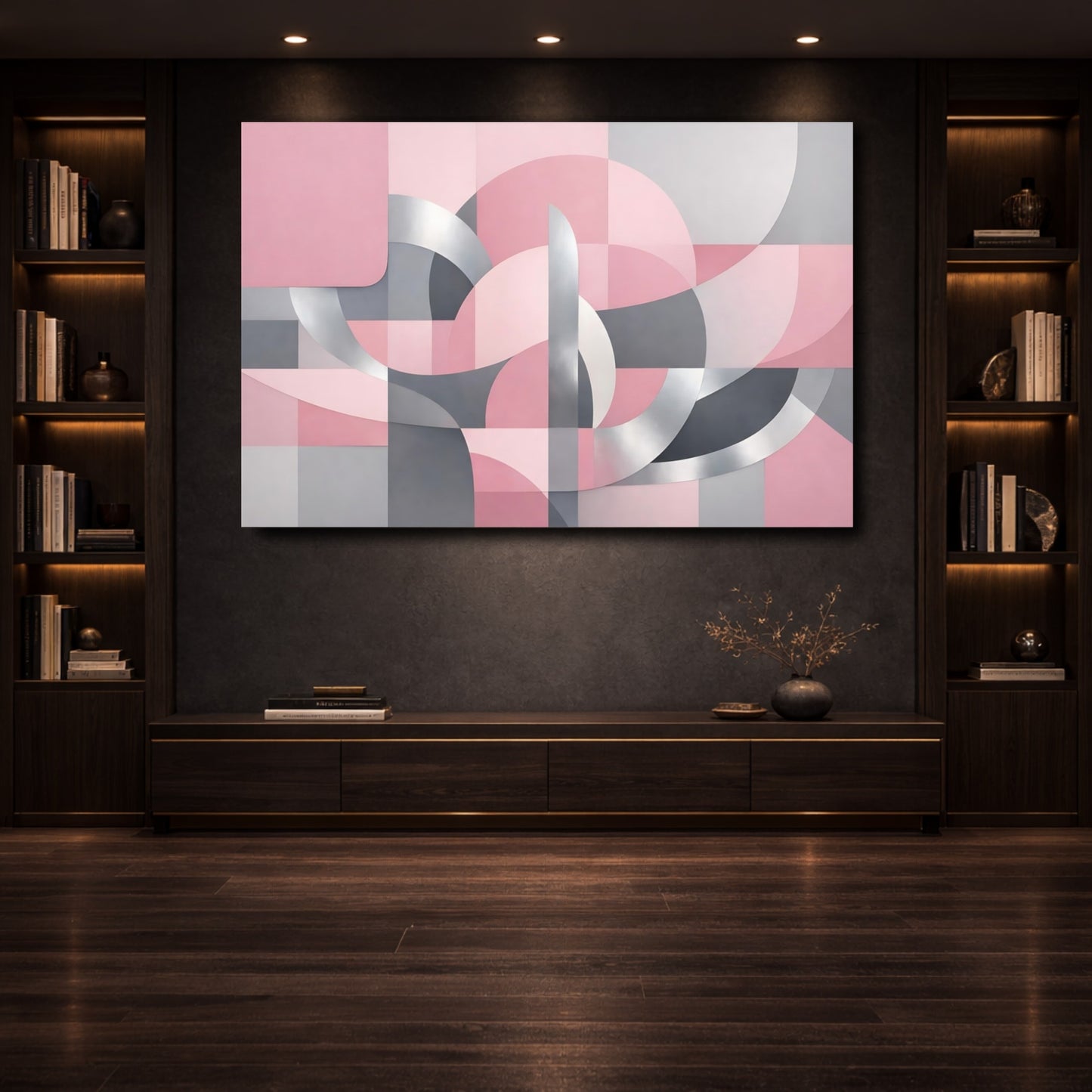 Mockup 3. Abstract Geometric Forms Pink Grey Silver shown as stretched canvas wall art
